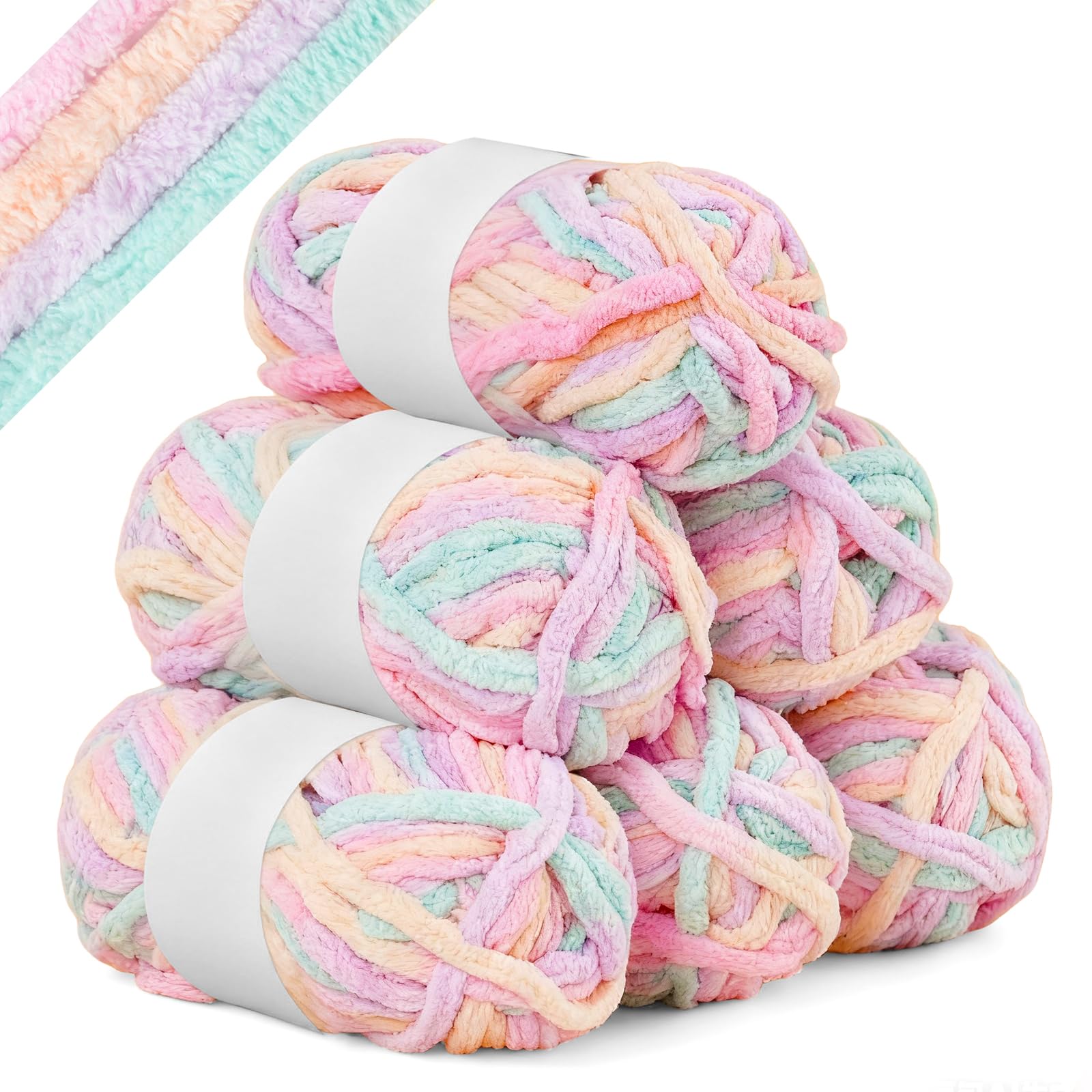 AUAUY Chunky Chenille Yarn, Velvet Wool 300g (6×50g), Super Soft Velvet Yarn for Knitting, Crochet, Blankets, Clothes, Bags, Scarves & DIY Works - Colorful — image 1