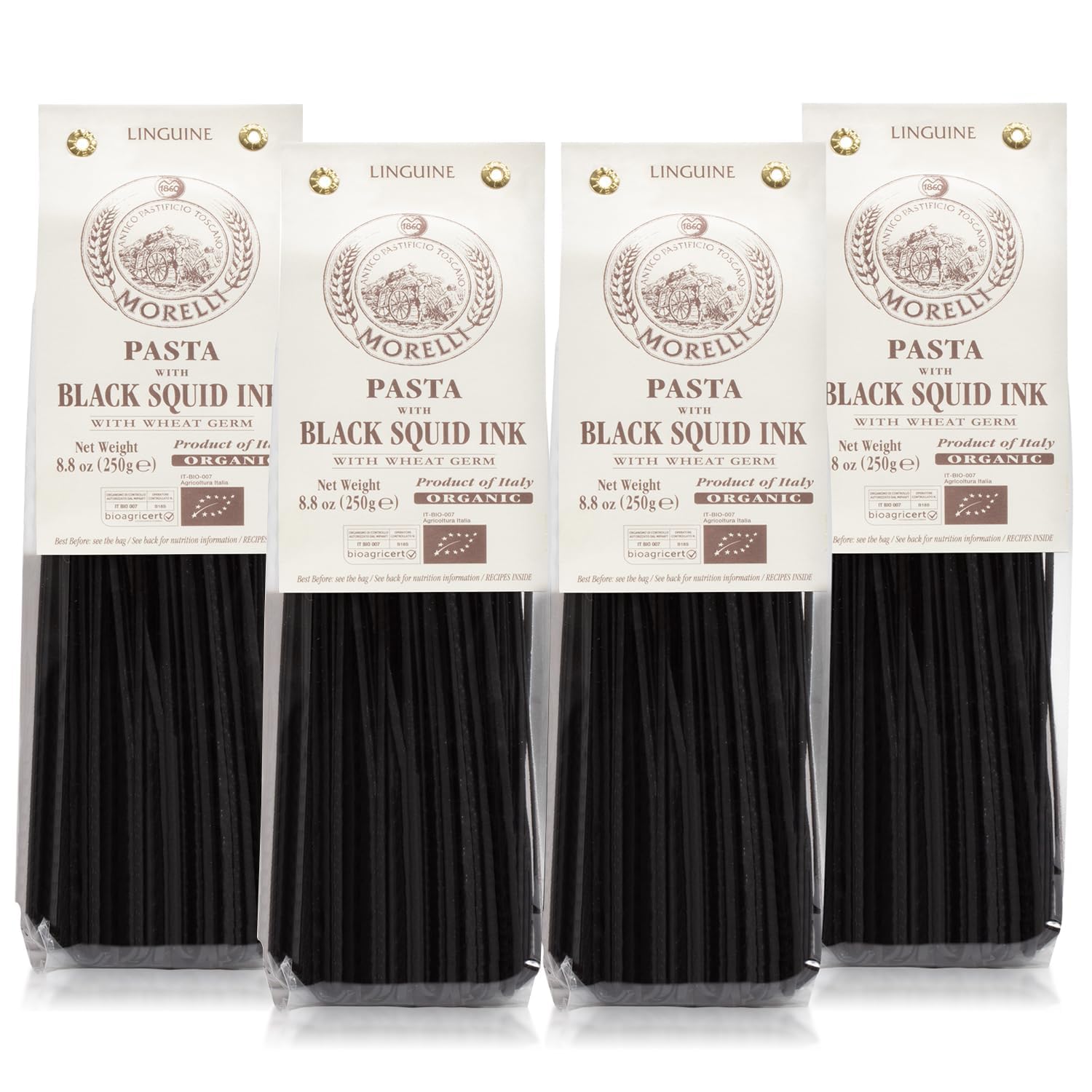 Morelli Squid Ink Pasta Linguine- Organic Italian Pasta - Black Pasta Noodles - Durum Wheat Semolina - Nero Di Seppia Made in Italy - 8.8oz / 250g (pack of 4)