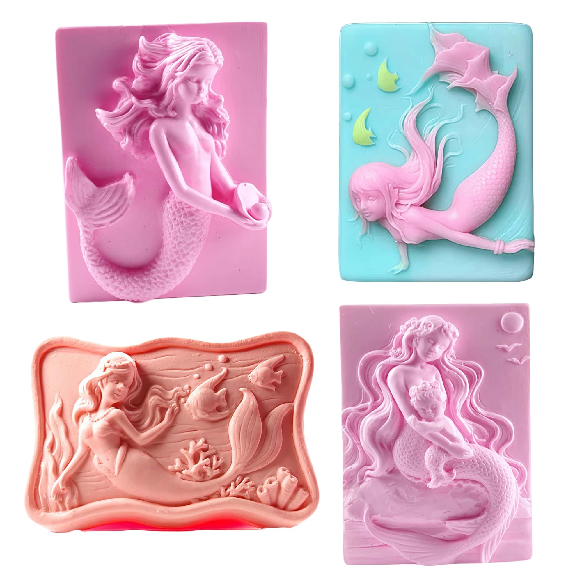 4 stampi per sapone fai da te a forma di sirena, in silicone, per sapone naturale, candele, cera, aromi, gesso, diffusori, decorazioni in resina