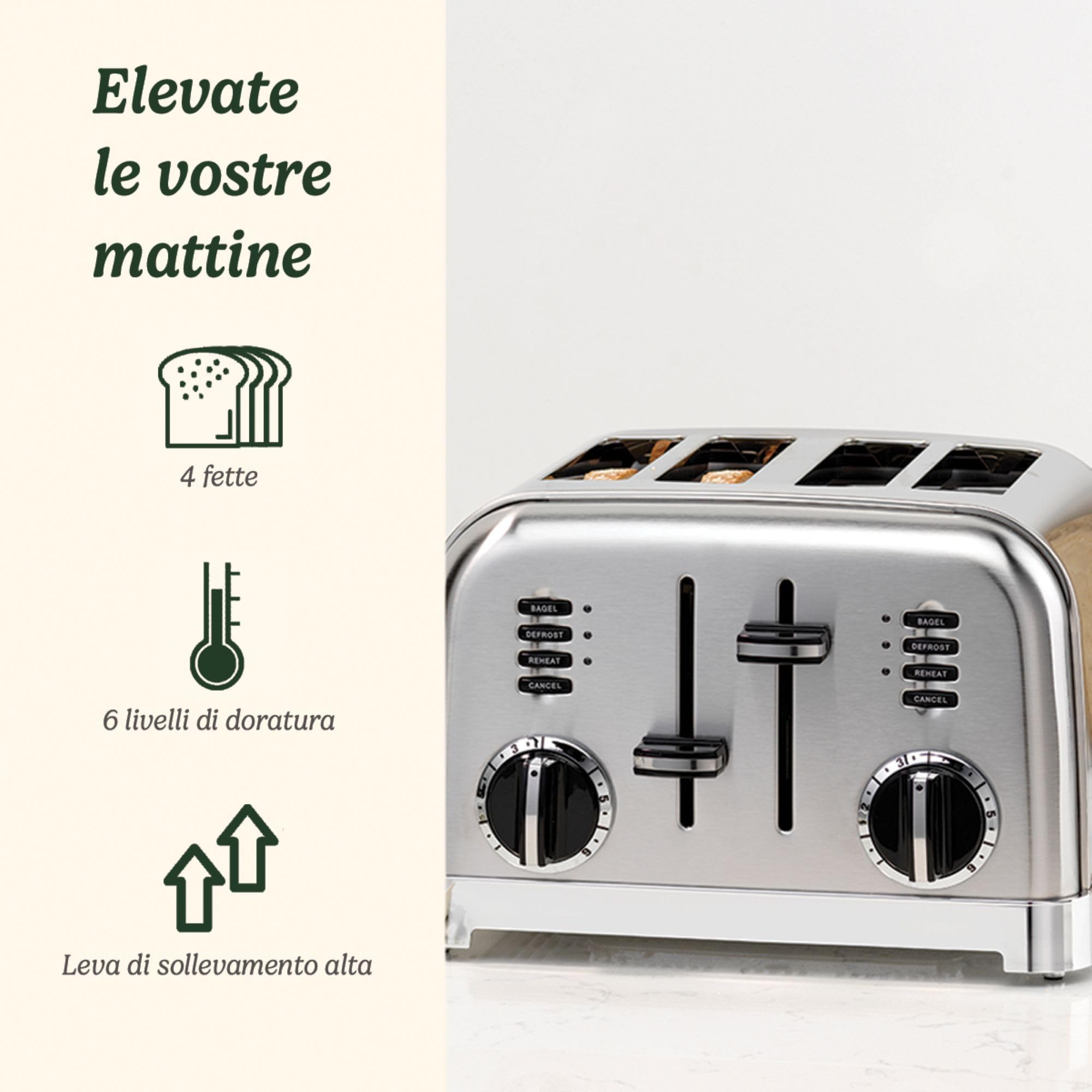 Tostapane 4 fette Cuisinart CPT180E , Acciaio inox, Funzione Bagel, Funzione Scongelamento, Funzione Riscaldamento, 6 Livelli di tostatura