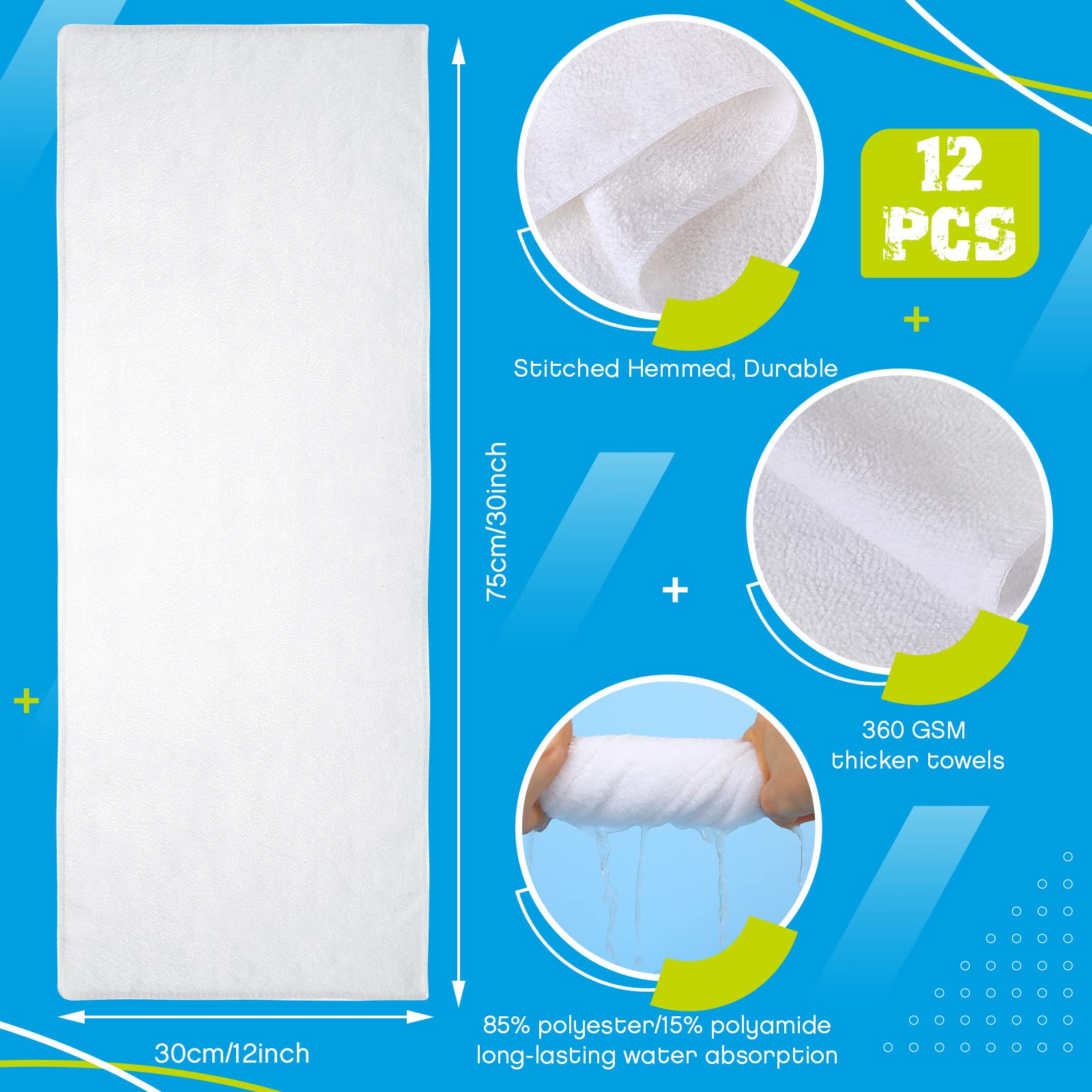 Handepo 12 Pcs Microfiber Gym Towels, 360 GSM 12 x 30 Inch Gentle and Fast Drying Absorbent Towels for Men Women Yoga Travel Sports(White)