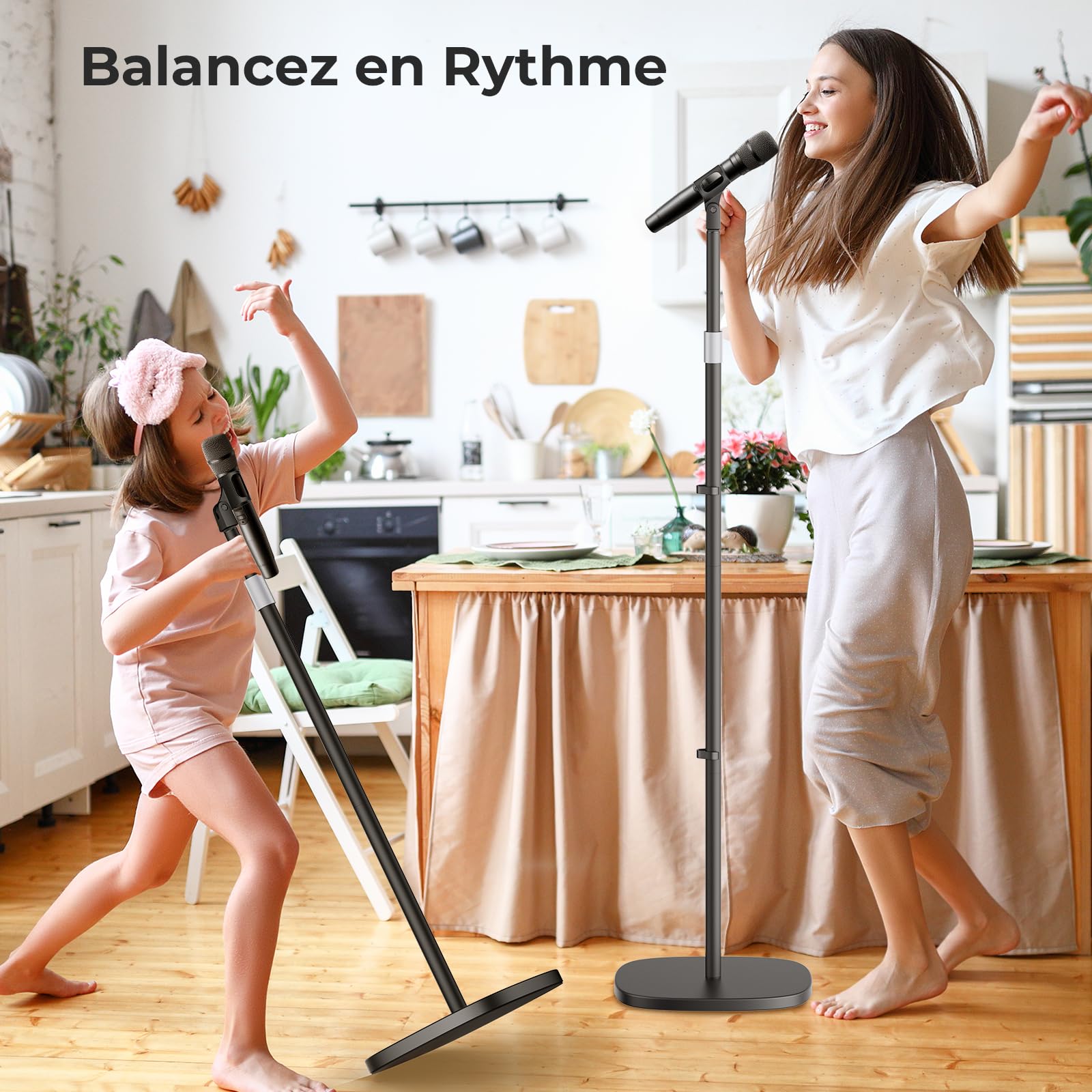 Support de Microphone - Pied de Micro Universel avec Base Ponderée Compacte, 2 Clipss Universels, Hauteur Réglable de 55 à 170 cm Pour Karaoké, Spectacles, Animations en Extérieur et Scènes