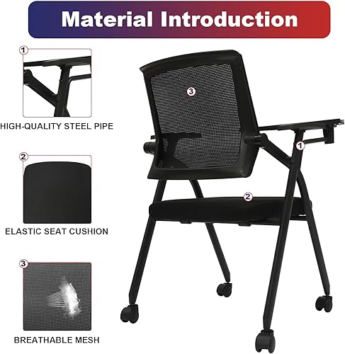 Miniatura 4 de Juego de 2 sillas apilables de malla para recepción de invitados, silla de oficina portátil con ruedas y brazos, silla de fiesta para oficina,
