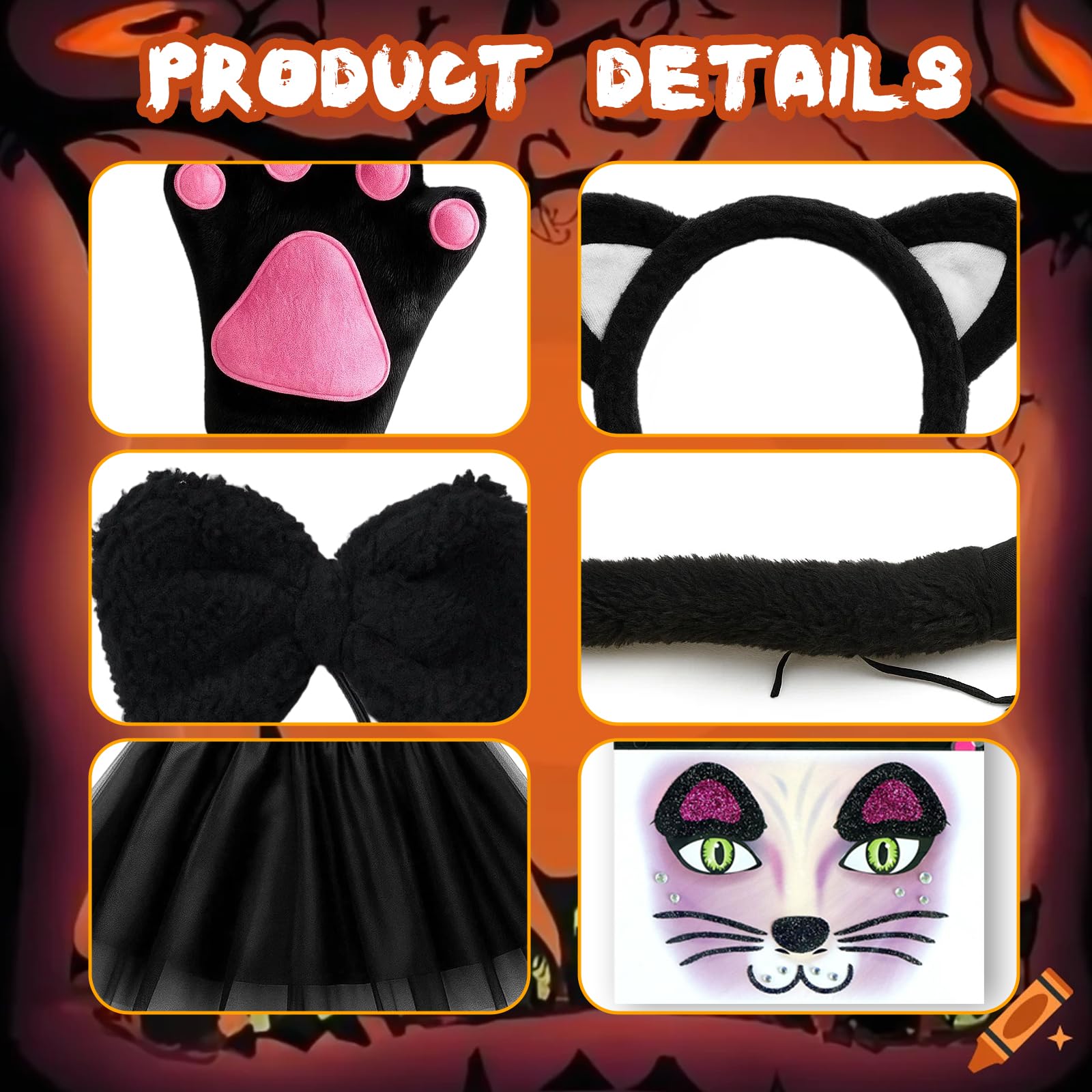 ZcrPrn Cat Costume, 6 PCS Halloween Party Animal Costume with Cat Ears Headband, Gloves, Bow Tie, Tail - Image 4