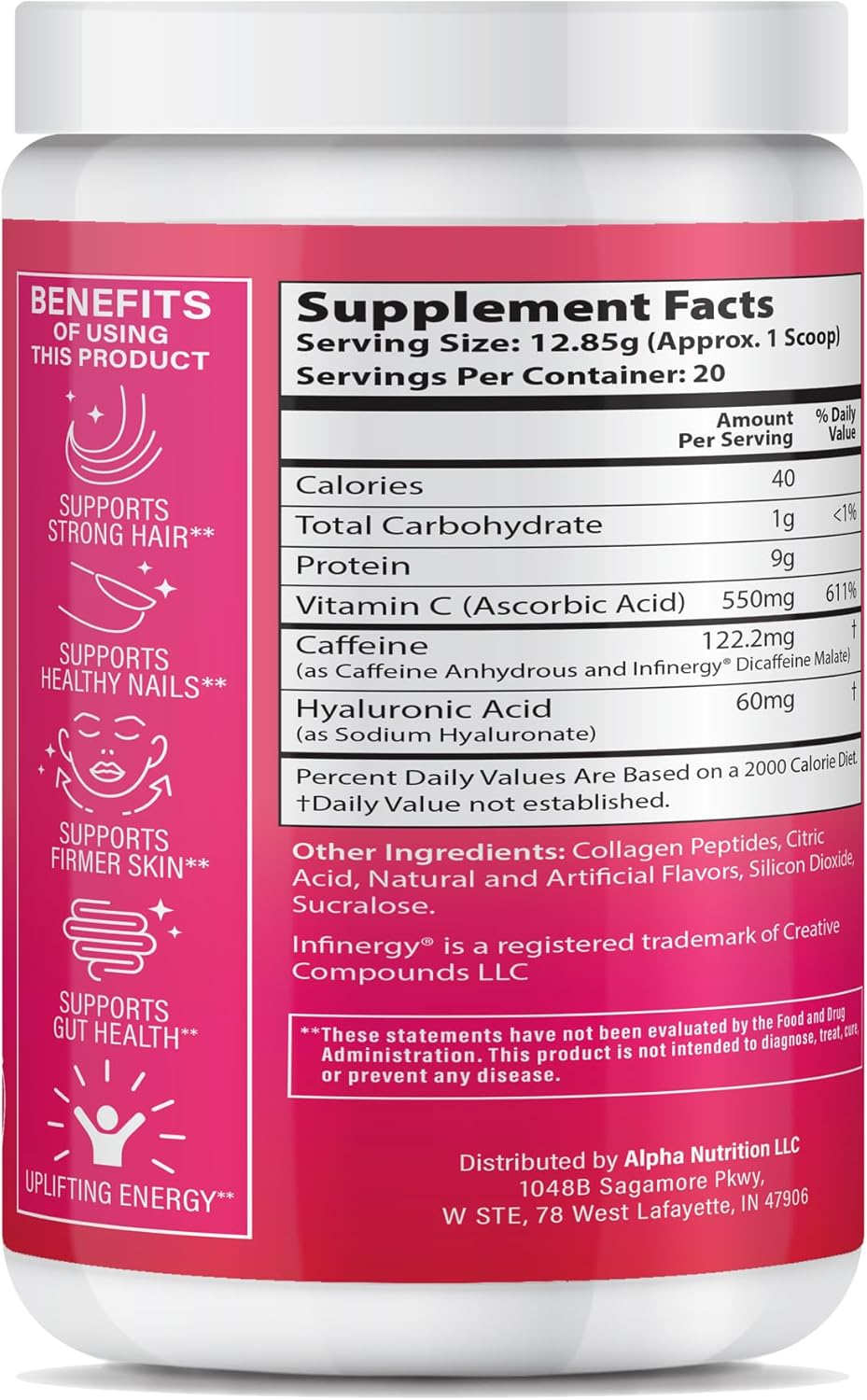 Peptide Energy Collagen Powder Hair, Nail, Skin, Type I & III,Caffeine for Energy, Vitamin C, Biotin, Hyaluronic Acid, Zero Sugar – 8.92 oz (Strawberry Margarita)