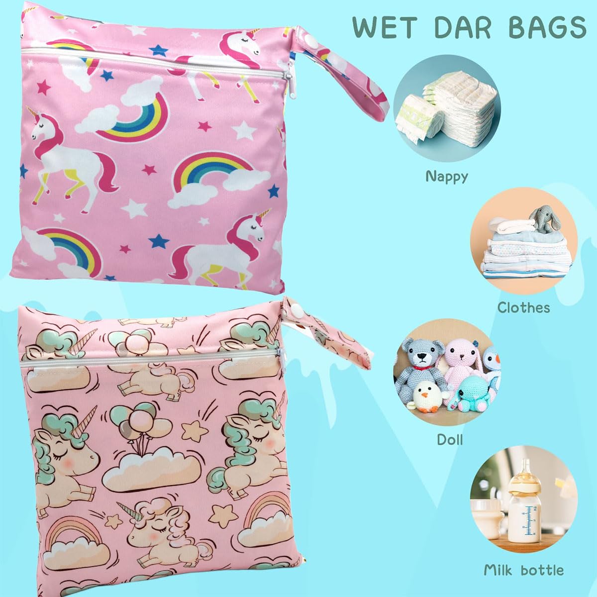 Wetbag Kindergarten 2 Stück, Nasstasche Rosa Einhorn, Wasserdichter Tragbar Beutel Windeltasche für Unterwegs, Wet Bag Klein Beutel für Nasse Badesachen, Wiederverwendbar Wickeltasche Organizer