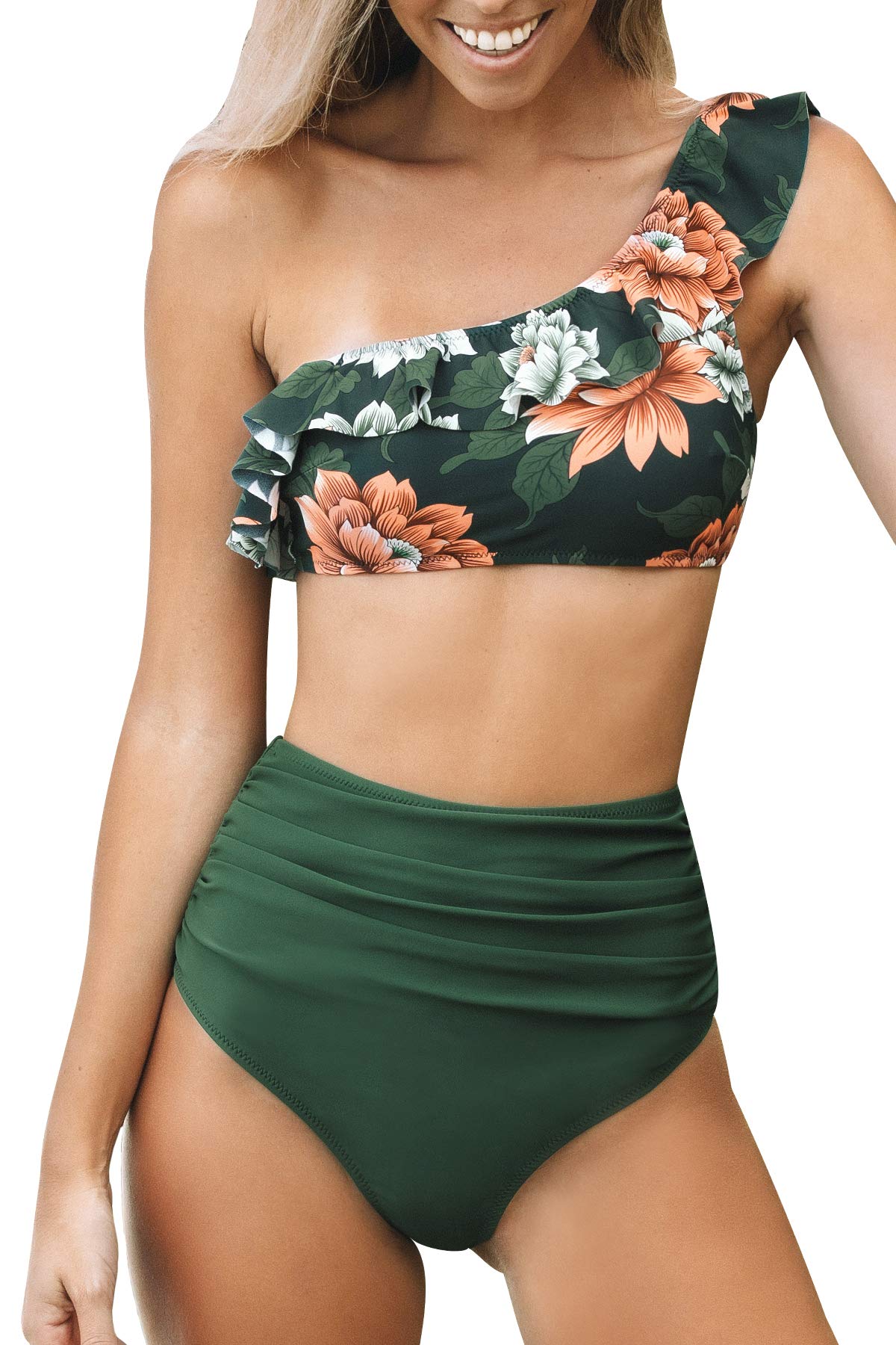 CUPSHE Conjuntos de Bikini para Mujer Traje de baño Cintura Alta Control de Barriga Volantes de un Hombro