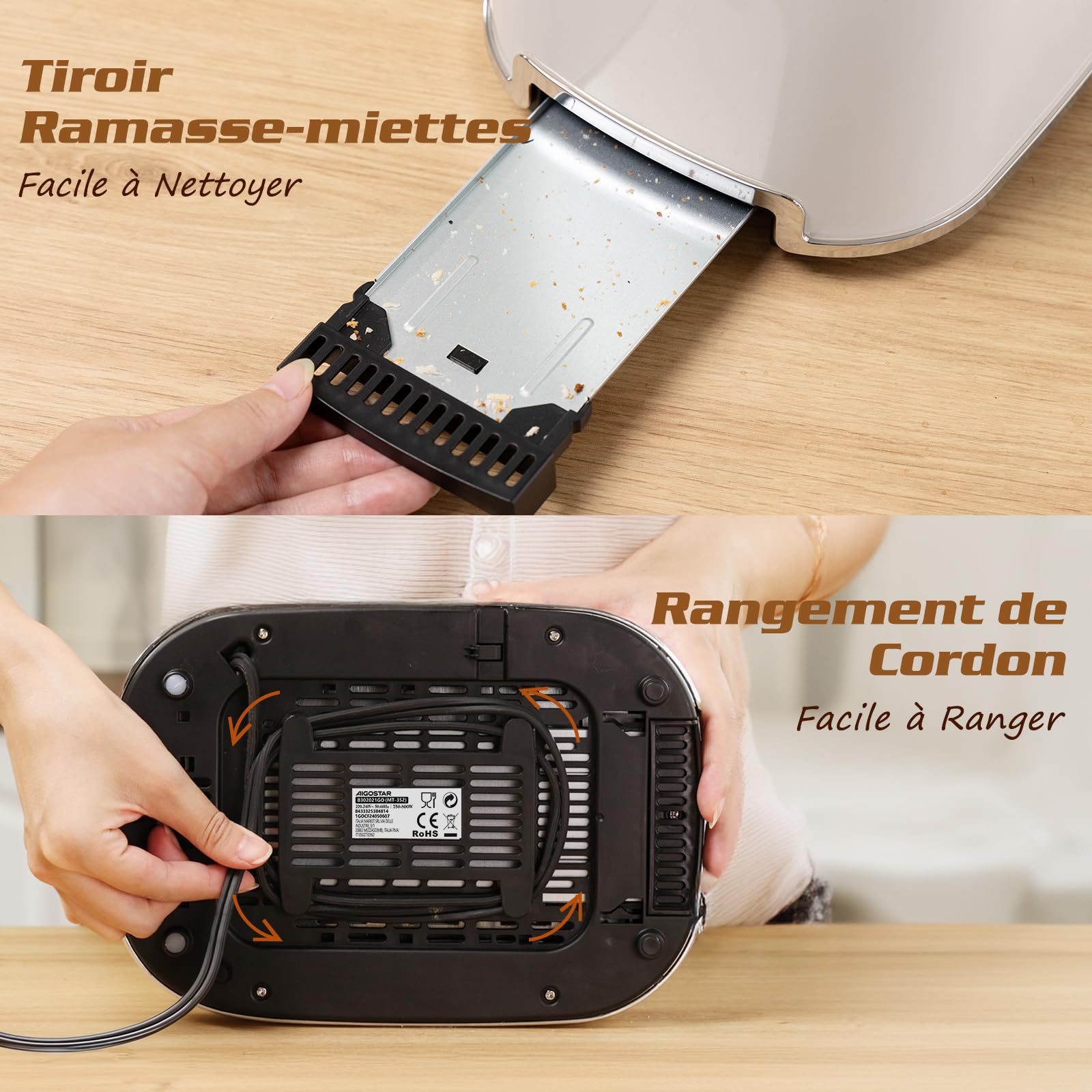 Aigostar Grille Pain, 2 Fentes Extra-Larges, Vintage Inox Crème, 6 Niveaux de Dorage, Fonction Bagel/Décongélation/Réchauffage/Annulation, Tiroir Ramasse-Miettes Amovible, 800W. Cream