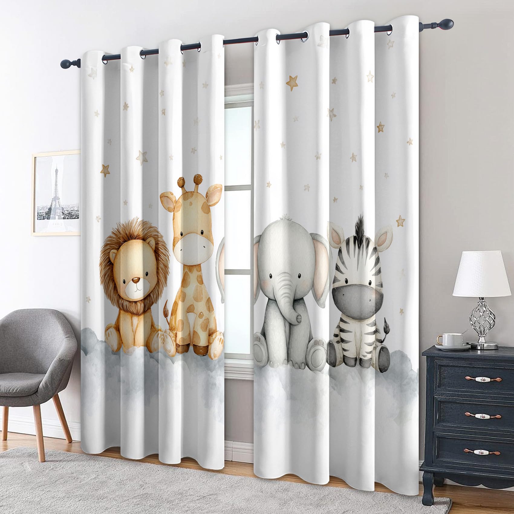 Generisch Kinder Safari Gardinen Blickdicht 2er Set, Vorhänge Löwe Giraffe Elefant Cartoon Motiv mit Ösen, Wohnzimmer Schlafzimmer Deko, Thermovorhang Verdunkelung, H 245 x B 140 - J332