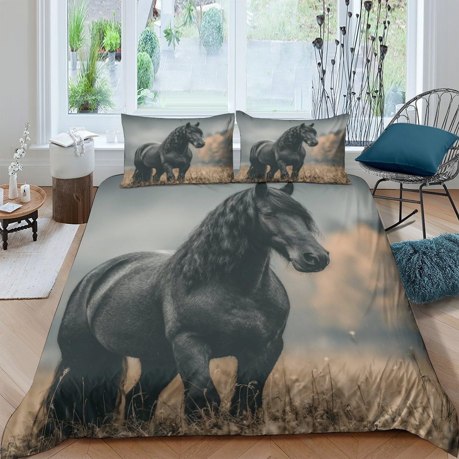 Ctjqhvkz Style-9 3D Printed Black Horse Fitted Sheet Microfiber Soft Bedroom Decor Wild Horse Mattress Cover For Home Guestroom Single（135X200cm）
