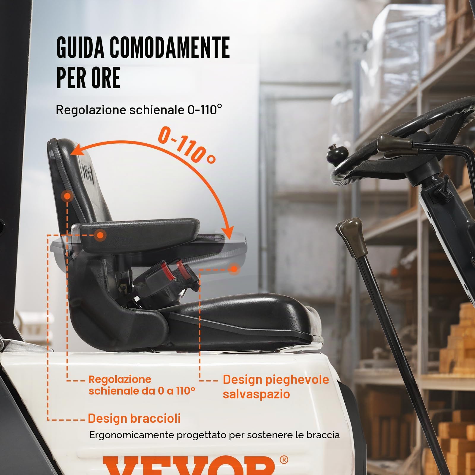 VEVOR Sedile Universale per Carrello Elevatore Sedile Pieghevole per Trattore Coprisedile con Schienale ad Angolo Regolabile Microinterruttore Cintura di Sicurezza Braccioli Fessura Esteso 160-340mm