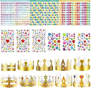 22 Pièces Ensemble de Fête,10 Pièces Chapeaux de Couronne + 12 Autocollants Strass/Alphanumériques pour Enfants et Adultes lors d'Anniversaires et Fêtes.