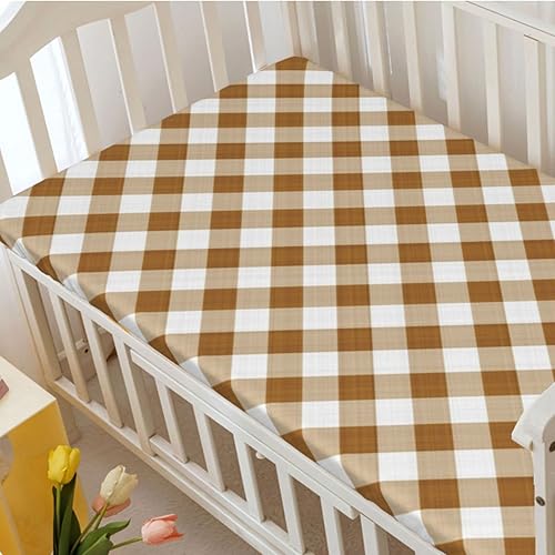 Miniatura 10 de Sábana bajera ajustable para cuna pequeña con temática de cuadros marrones, sábanas portátiles para cuna, suaves y elásticas, sábana bajera para