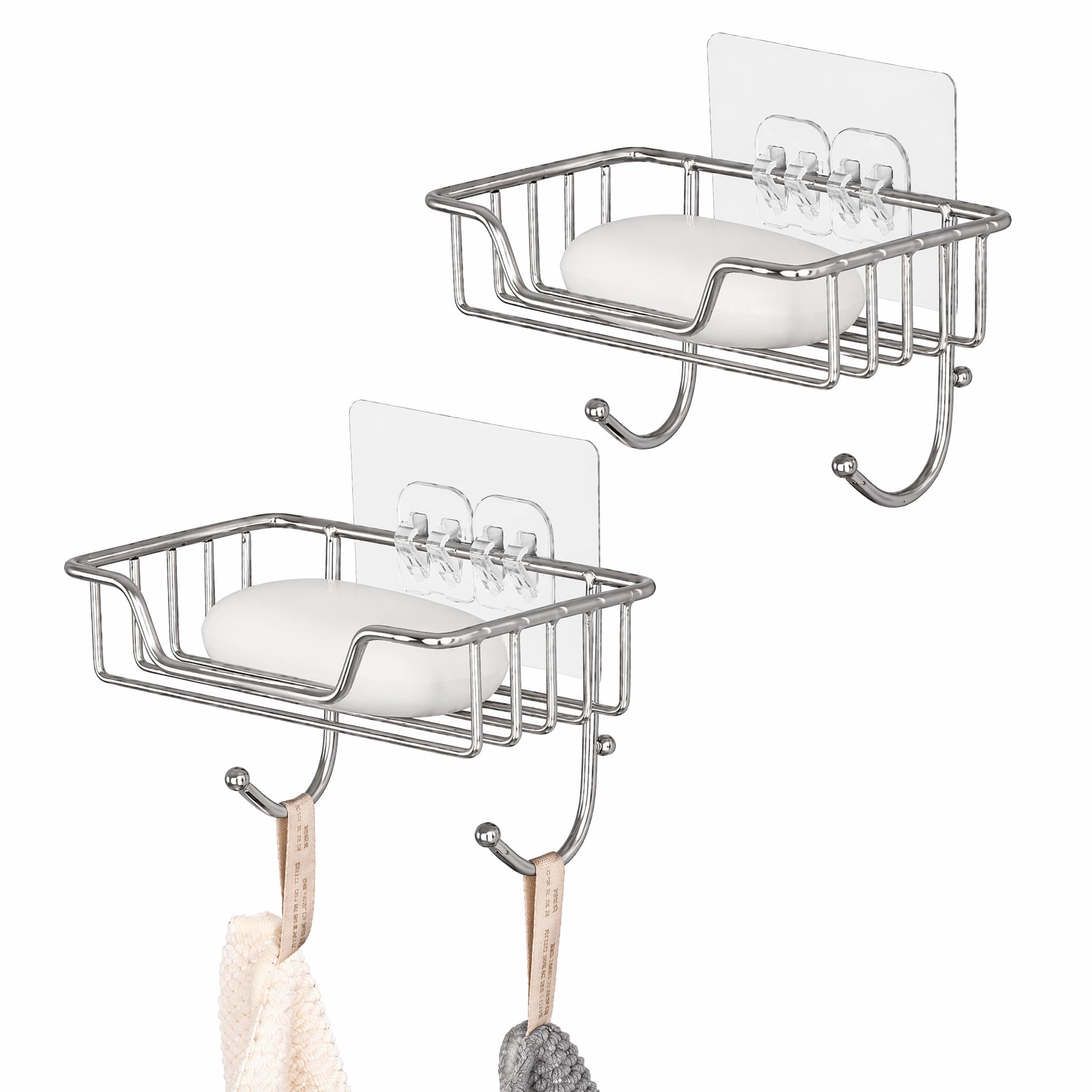 Stainless Steel Soap Dish for Shower with Hooks, No Drill Wall Mounted Soap Holder, Adhesive Sponge Holder for Bathroom and Kitchen Sink