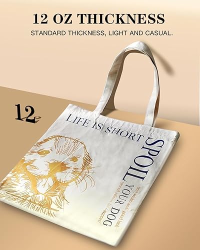 Miniatura 3 de Bolsa estética de algodón crudo, ligera, mediana, reutilizable, con bolsillo interior y cremallera para mujeres, diseño de Golden Retriever