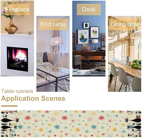 Miniatura 6 de Camino de mesa de mediados de siglo, divertido gato negro retro abstracto geometría atómica camino de mesa para el hogar, cocina, decoración de mesa