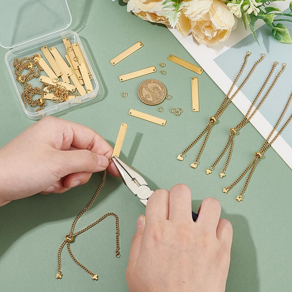 UNICRAFTALE DIY 304 Stainless Steel Rectangle Link Bracelet Making Kits Golden Engravable Bracelets Blank Tags Links Connectors 25cm Slider Bracelet 3.5mm Open Jump Rings for Bracelets Jewelry Making - Image 4