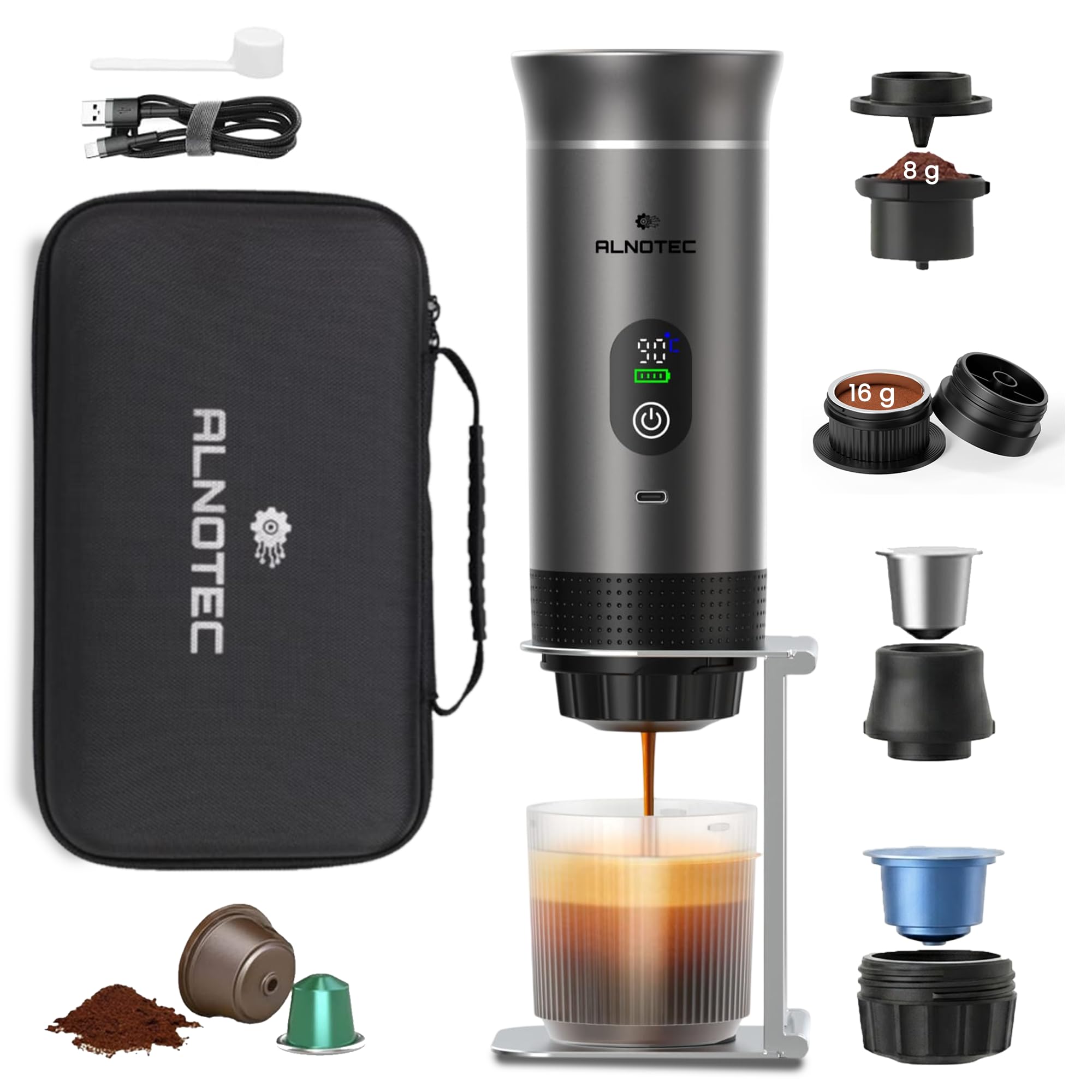 Cafetera portátil eléctrica de 20 bar, autoclavante, 3 en 1, compatible con cápsulas NES®, DG® y café molido, 2 adaptadores de café molido, 8 g/16 g, USB-C – Bolsa+soporte (gris con tapón