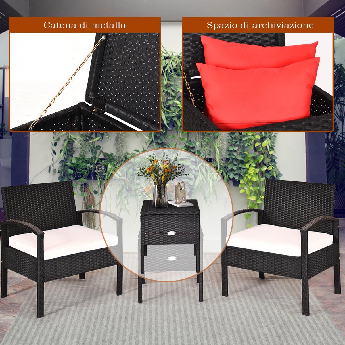 PHI VILLA Set Di 2 Sedie Da Giardino In Rattan Sintetico, Con Cuscini Rimovibili, Struttura Metallica, Per Terrazzo E Balcone, Marrone, Portata 150 Kg