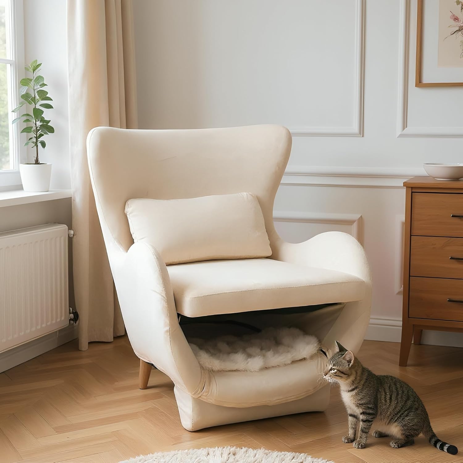 2 in 1 Pet Chair with Cat Bed, Modern Velvet Upholstered Accent Armchair, Ergonomic Single Sofa Lounge Chair with Sherpa Cushion for Living Room, Bedroom,Office,White