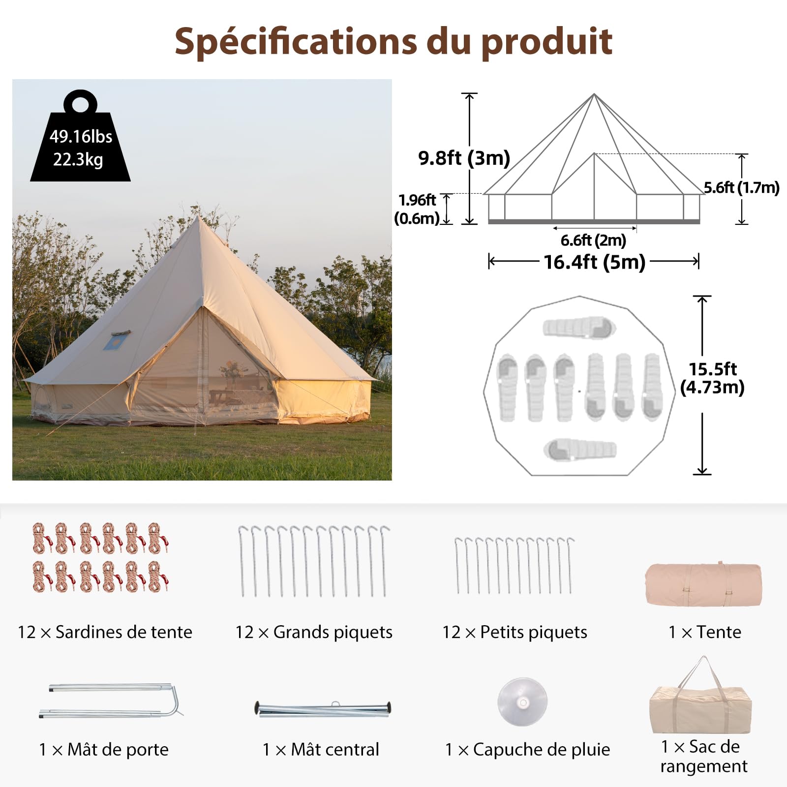 Oxford Tente cloche pour camping familial – yourte spacieuse de 5 m avec cric de poêle, grandes tentes glamping pour 6 à 8 personnes, abri extérieur 4 saisons