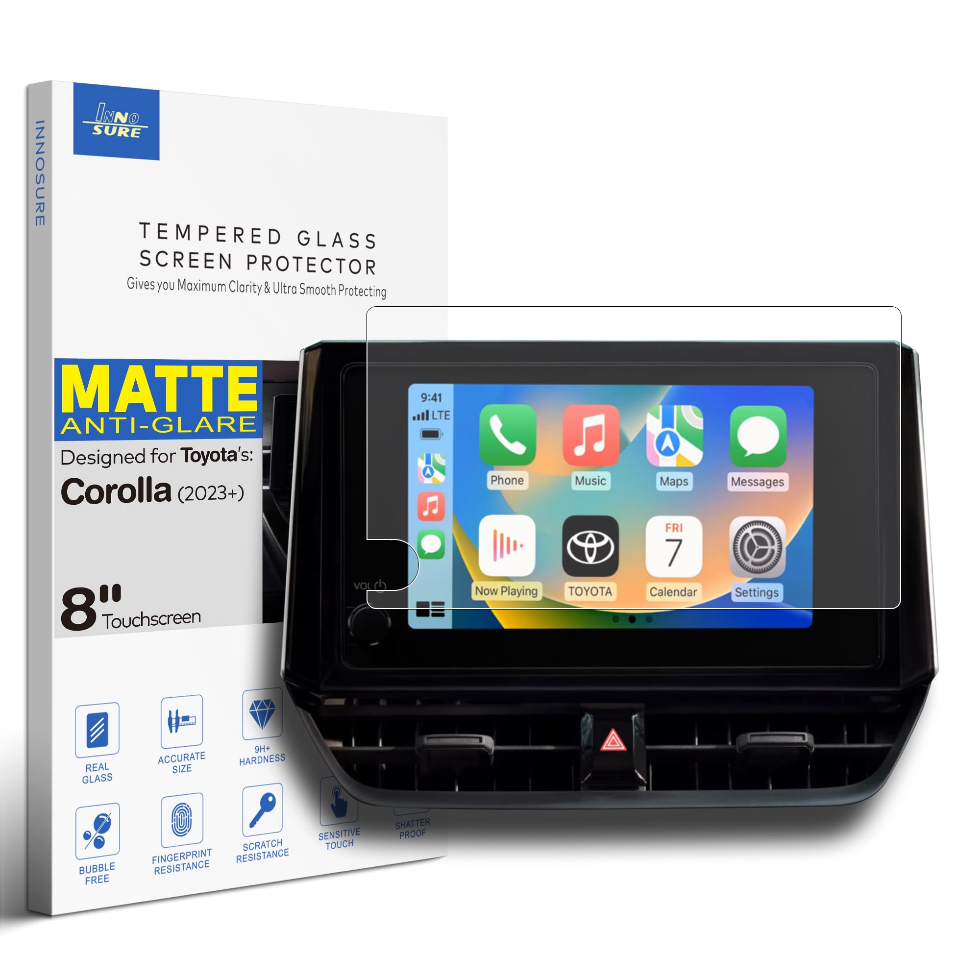 INNOSURE Tempered Glass Screen Protector for 2023/2024/2025/2026 Toyota Corolla, Corolla Cross, Corolla Hatchback, GR Corolla 8 Inch Touchscreen 9H