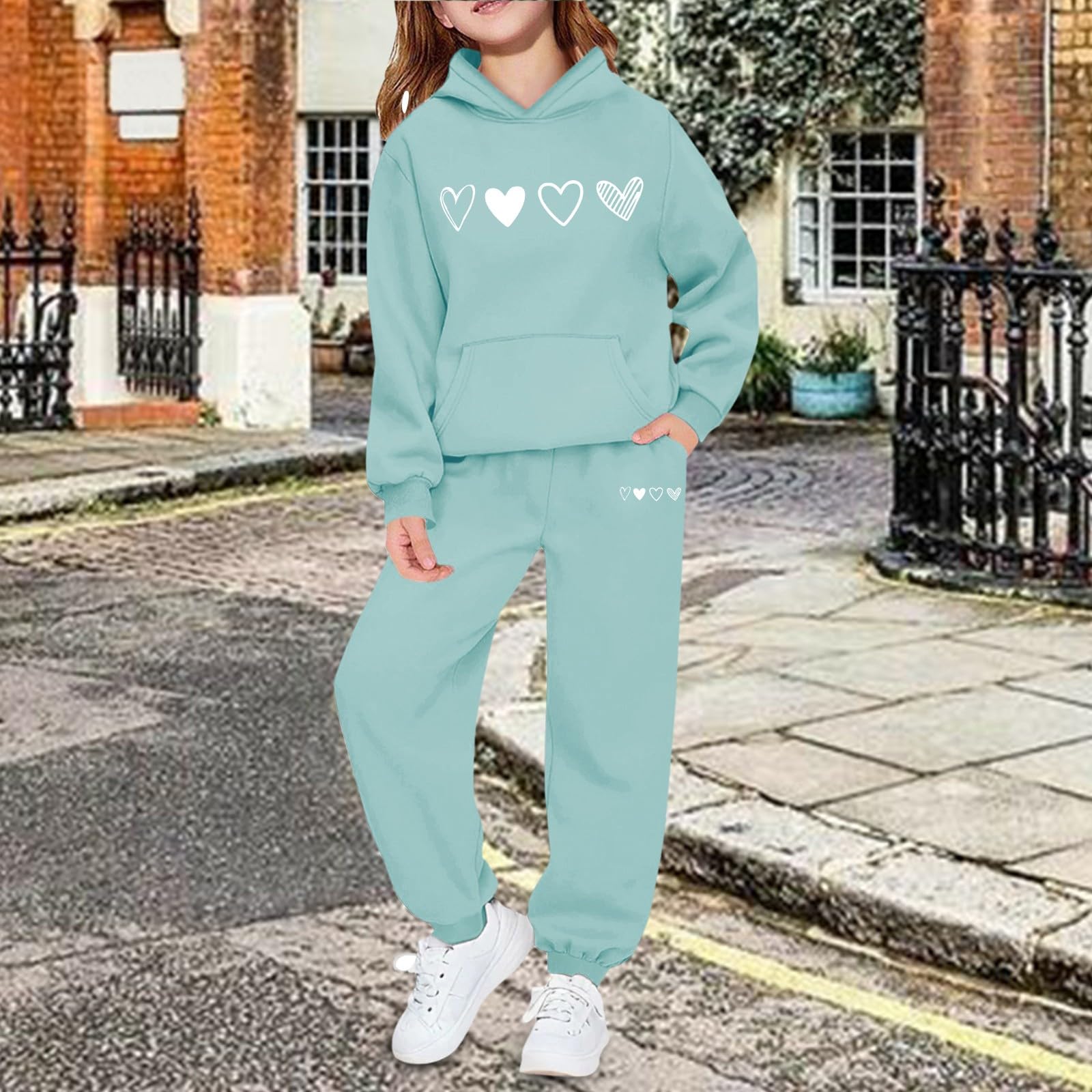 Conjunto deportivo con capucha para niñas, diseño de corazón, azul, 9-10 años