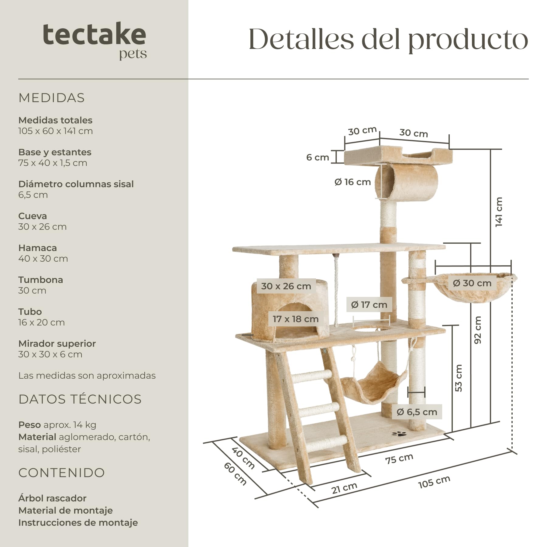 Torre para gatos y centro de actividades TecTake de 141 cm