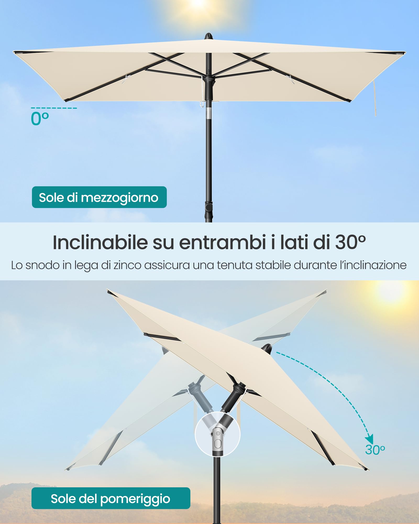 SONGMICS Ombrellone da Patio, Parasole da Esterno, Protezione UPF 50+, Tettuccio Inclinabile, Giardino Terrazza Spiaggia, Borsa per il Trasporto, Base Non Inclusa