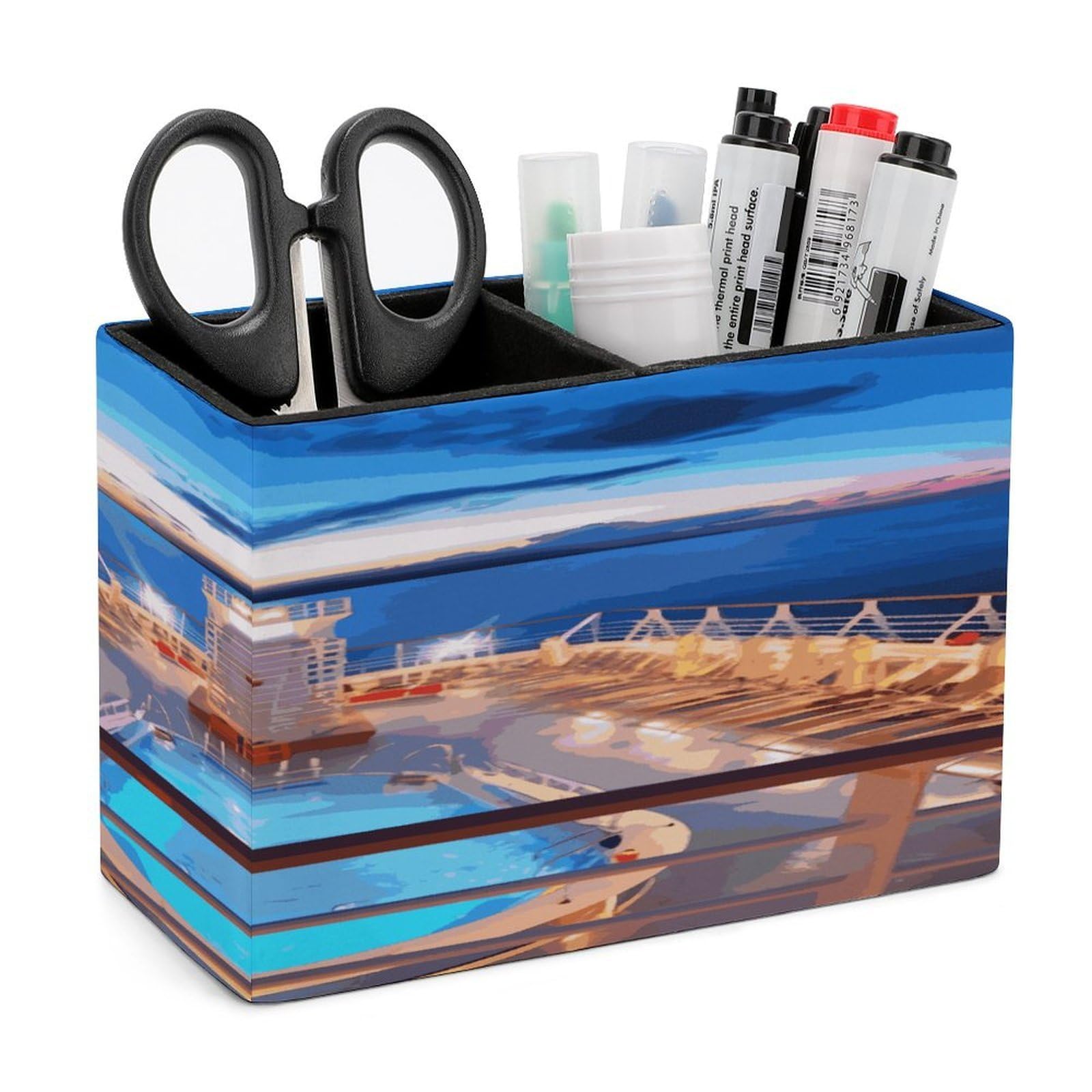 LDGSUPH Pool Party Cruise Ship Leather Pen Holder for Desk Organizer Caddy Large Pencil Cup Multi-function Pencil Holder Makeup Brush Holders Pen Organizer for Home Office Storage Box