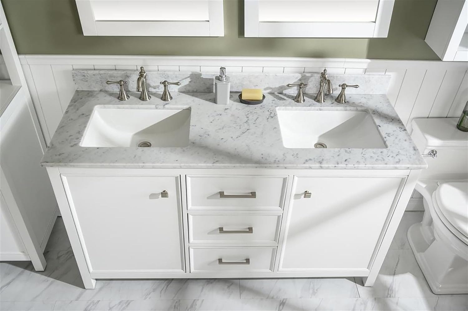 Legion Furniture Indoor Bathroom Home Decorative 60" White Finish Double Sink Vanity Cabinet with Carrara White Top