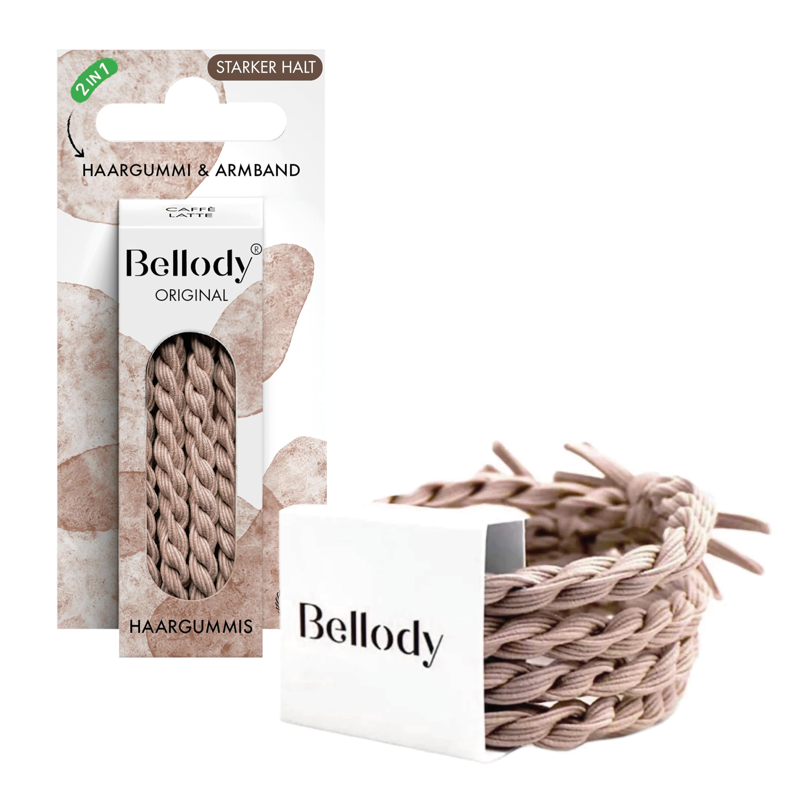 Bellody® Original Haargummis - Stylisch geflochtener Haargummi mit starkem Halt (4er Set) Damen Haarschmuck (Caffè Latte)