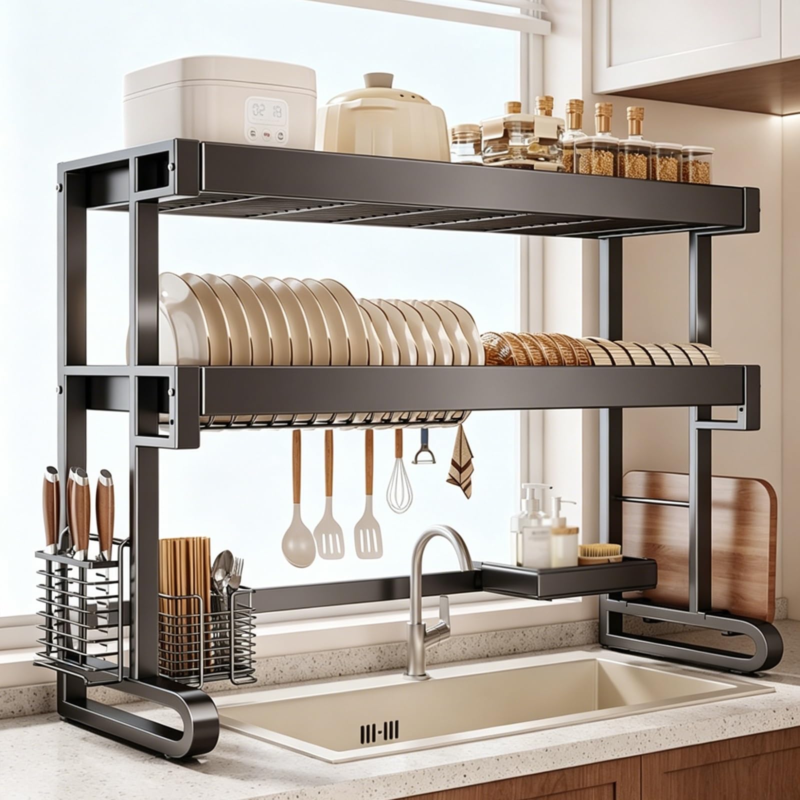 Escurridor de Platos de Acero Inoxidable para Colocar sobre el Fregadero, Altura Ajustable, Estante para Ahorrar Espacio para Fregadero de Cocina, para Platos, Vasos, Cuencos y Cubiertos (do