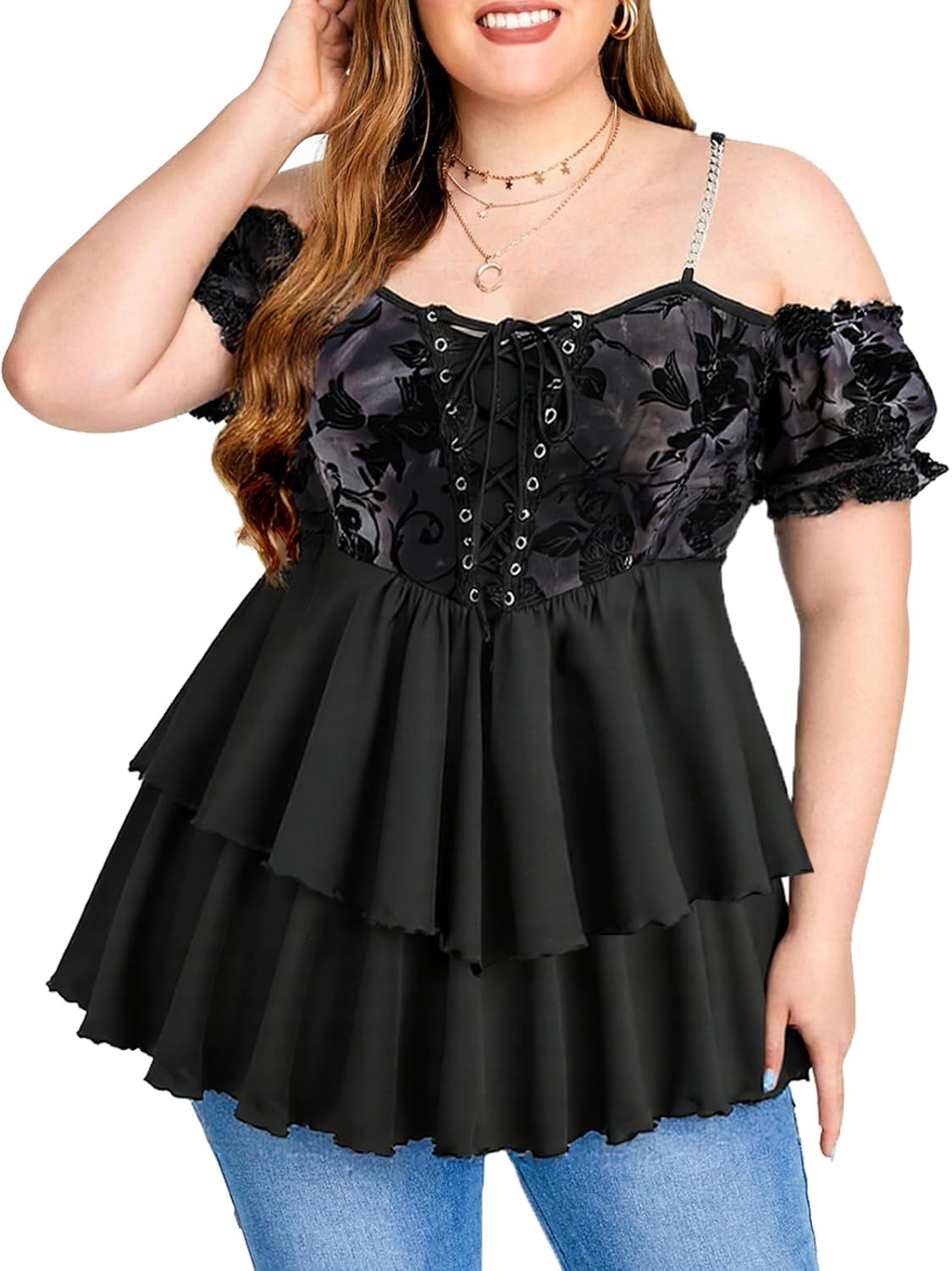 ROSE GAL Women Plus Size Elegant Summer Cold Shoulder Top Floral Flocking Lettuces Lace-up Layered Tunic T-Shirt