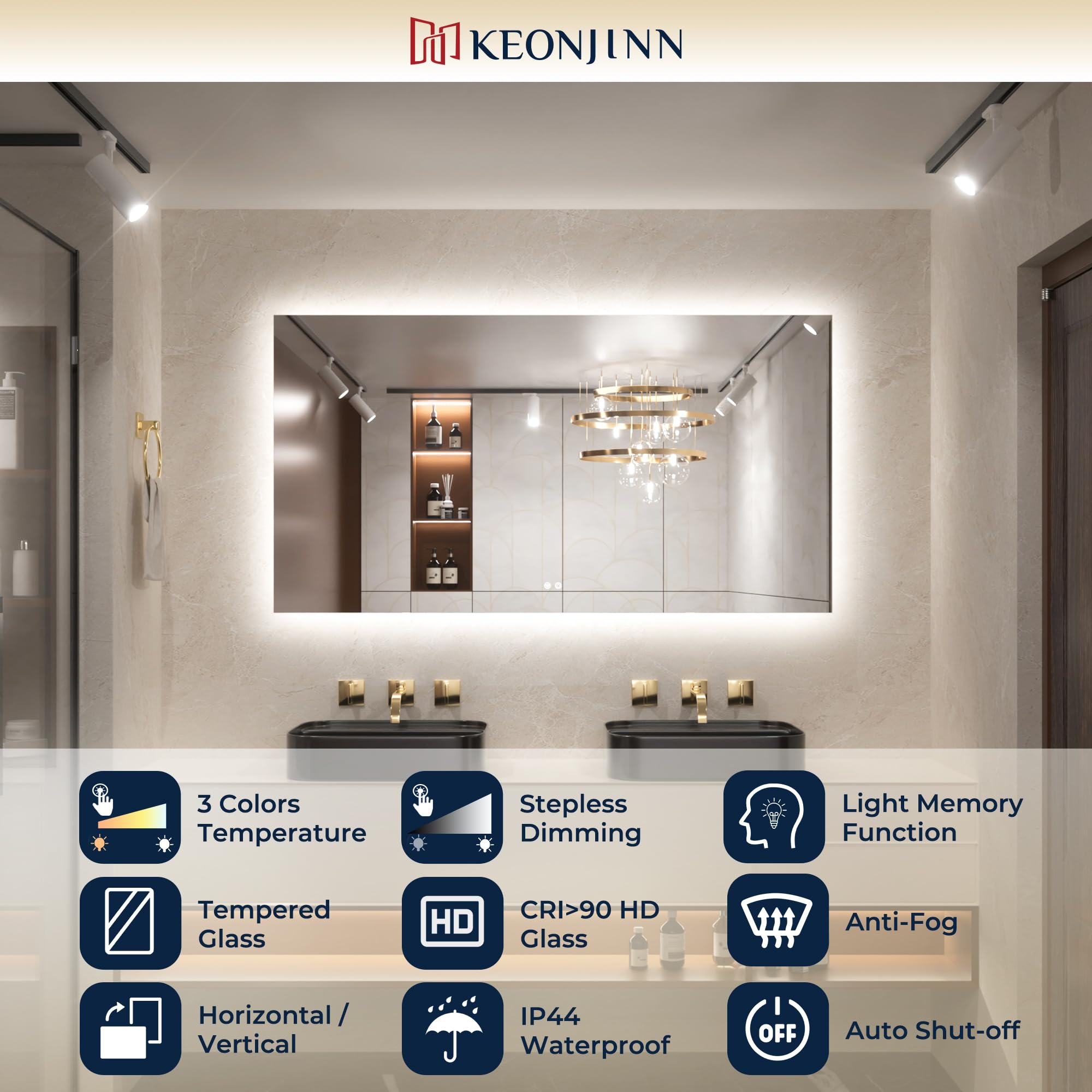 Keonjinn 100x80cm Miroir LED Salle de Bain avec Eclairage, Miroir Carré Rétroéclairé Antibuée, 3 Couleurs Lumière, Gradable, Mémoire, Verre Trempé IP44 Étanche, Horizontal/Vertical