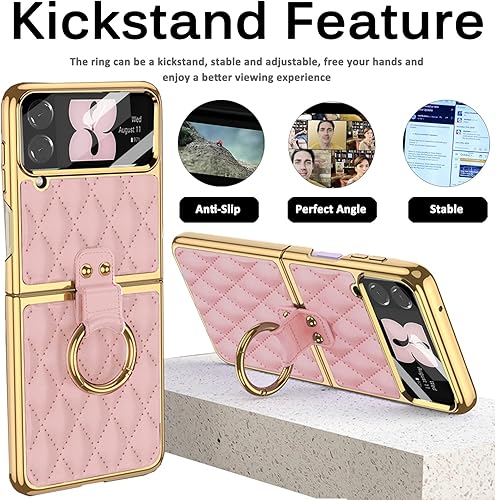 Miniatura 4 de Miimall Funda de cuero para Samsung Galaxy Z Flip 4 con protector de lente de cámara, soporte de anillo con soporte de cuero de lujo, funda