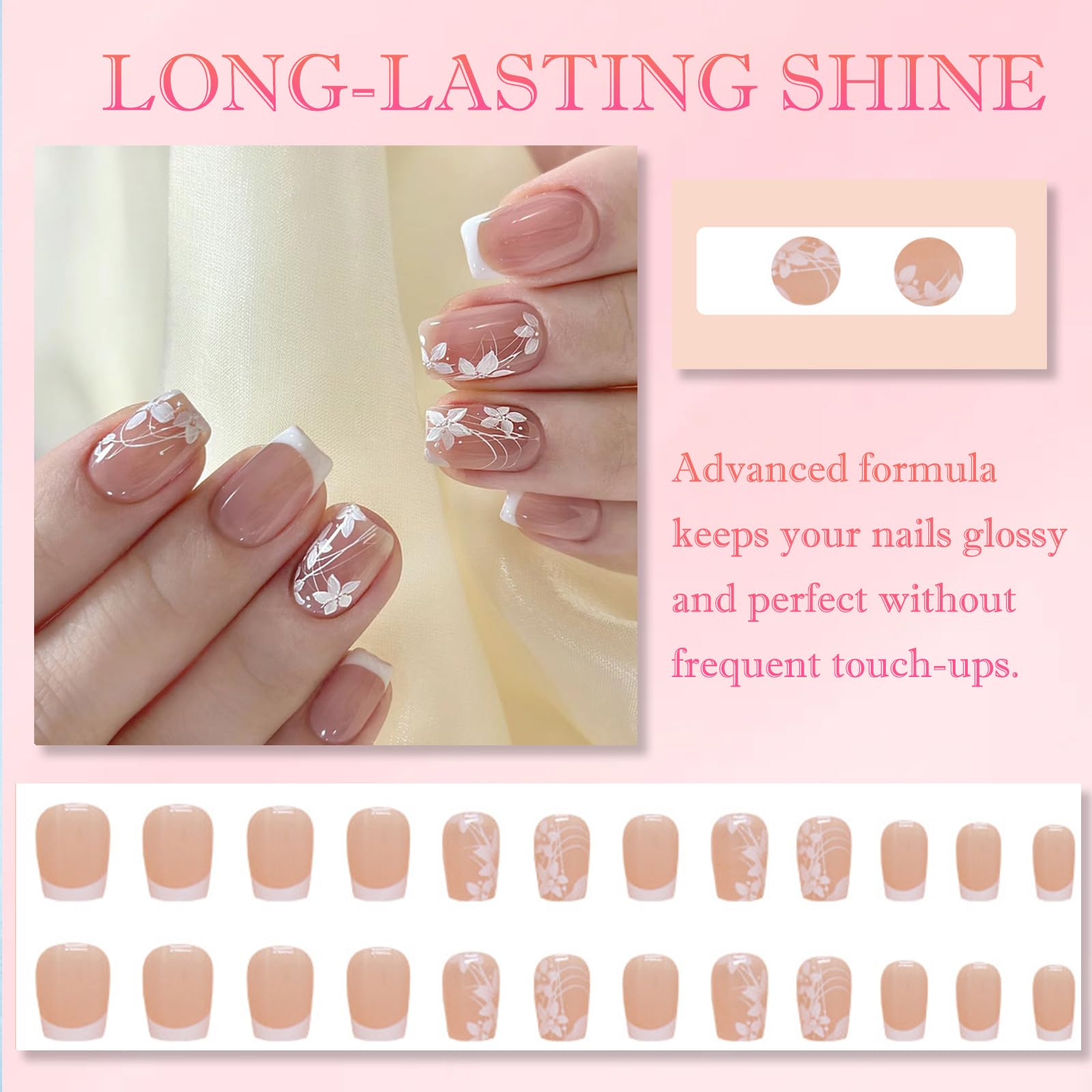 Natural Nude Pink Glossy Artificial Nail Tips with Delicate White Floral Vine Pattern - Image 2