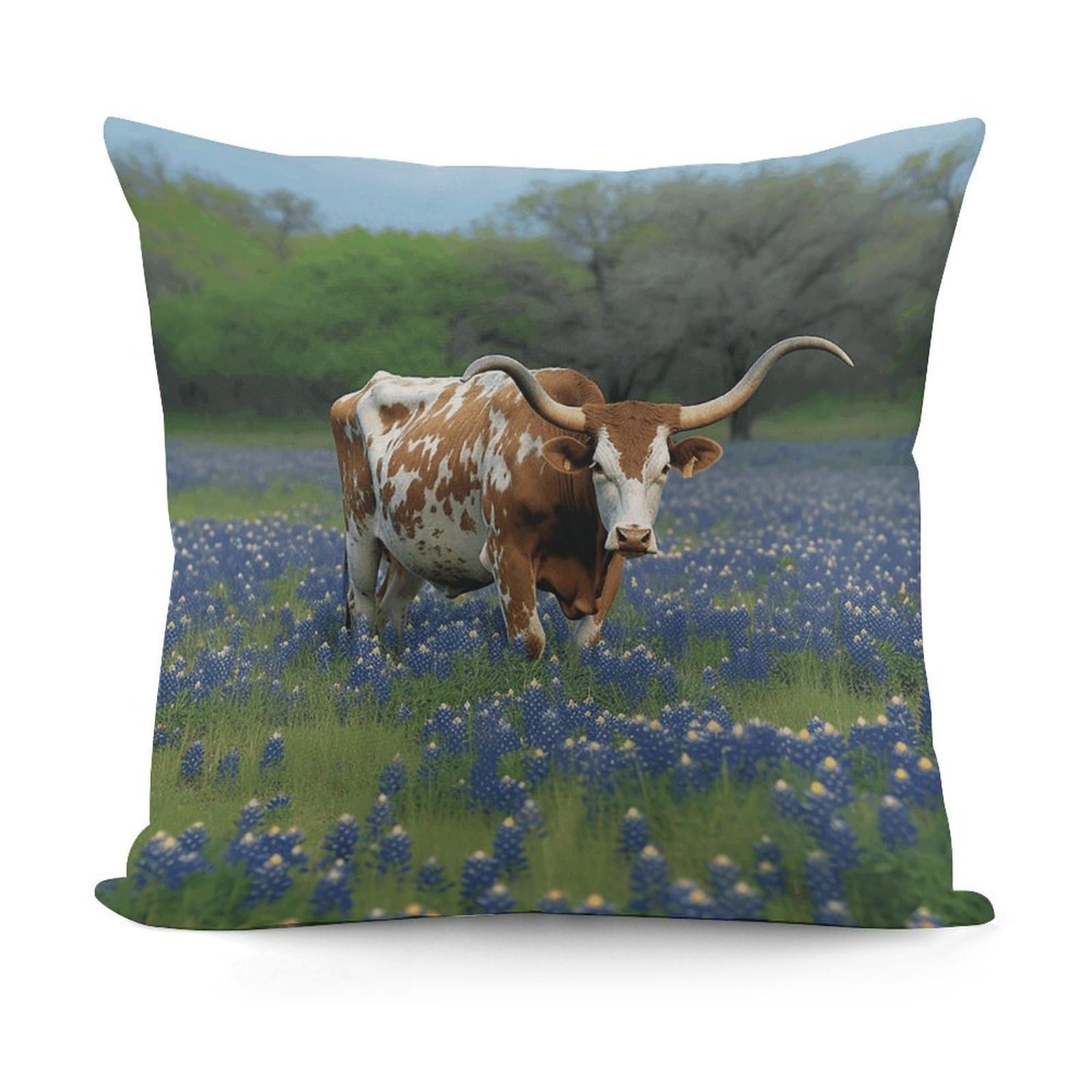 VstaDank Decorative Bluebonnet Longhorn Throw Pillow Covers Luxury Soft Pillowcases Fluffy Plush Accent Pillow Cases Personalized Square Lumbar Pillows Shells for All Seasons 18" X 18"
