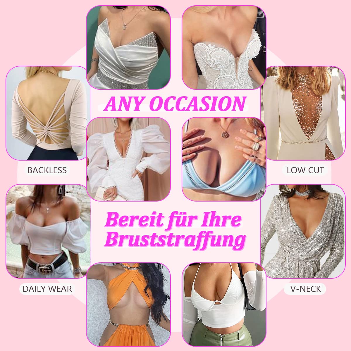 Korffe Brust Tape Klebe BH Push Up, Boob Tape Set für Klebe BH Große Brust Rückenfrei BH 2 Wiederverwendbare Unsichtbar Silikon Brüste Nippelpads Body Damen Tape für Körbchengrößen A-G