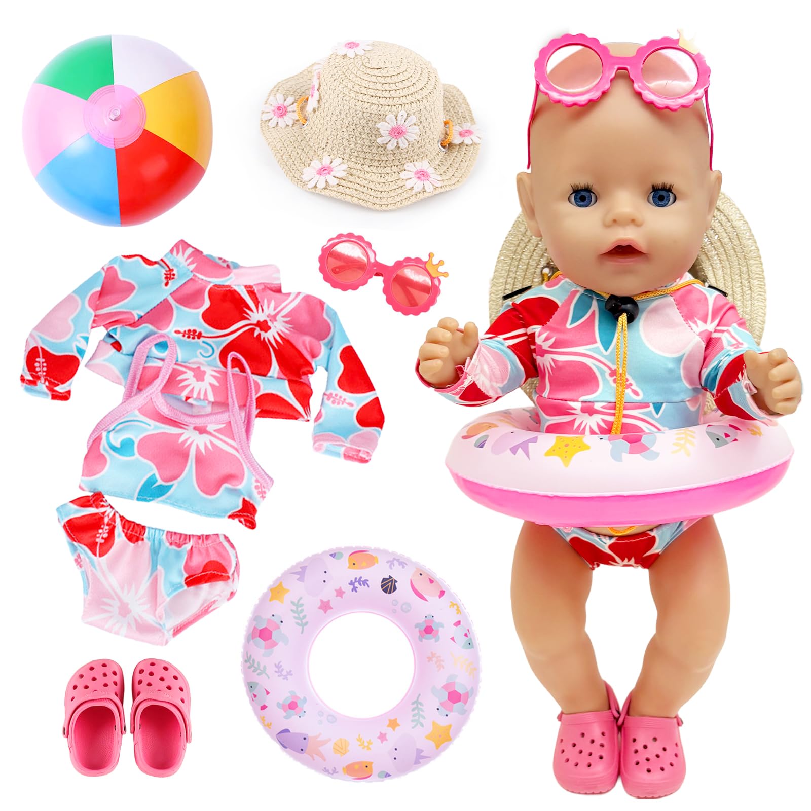 Atomvia 8PCS Swimming Baby Doll Clothes Swimsuit 14-18 Inch Swimming Outfit Swimming-ring, Sun Hat + Shoes + Beach Ball Glasses for 35–45 cm Dolls (Doll Not Included)