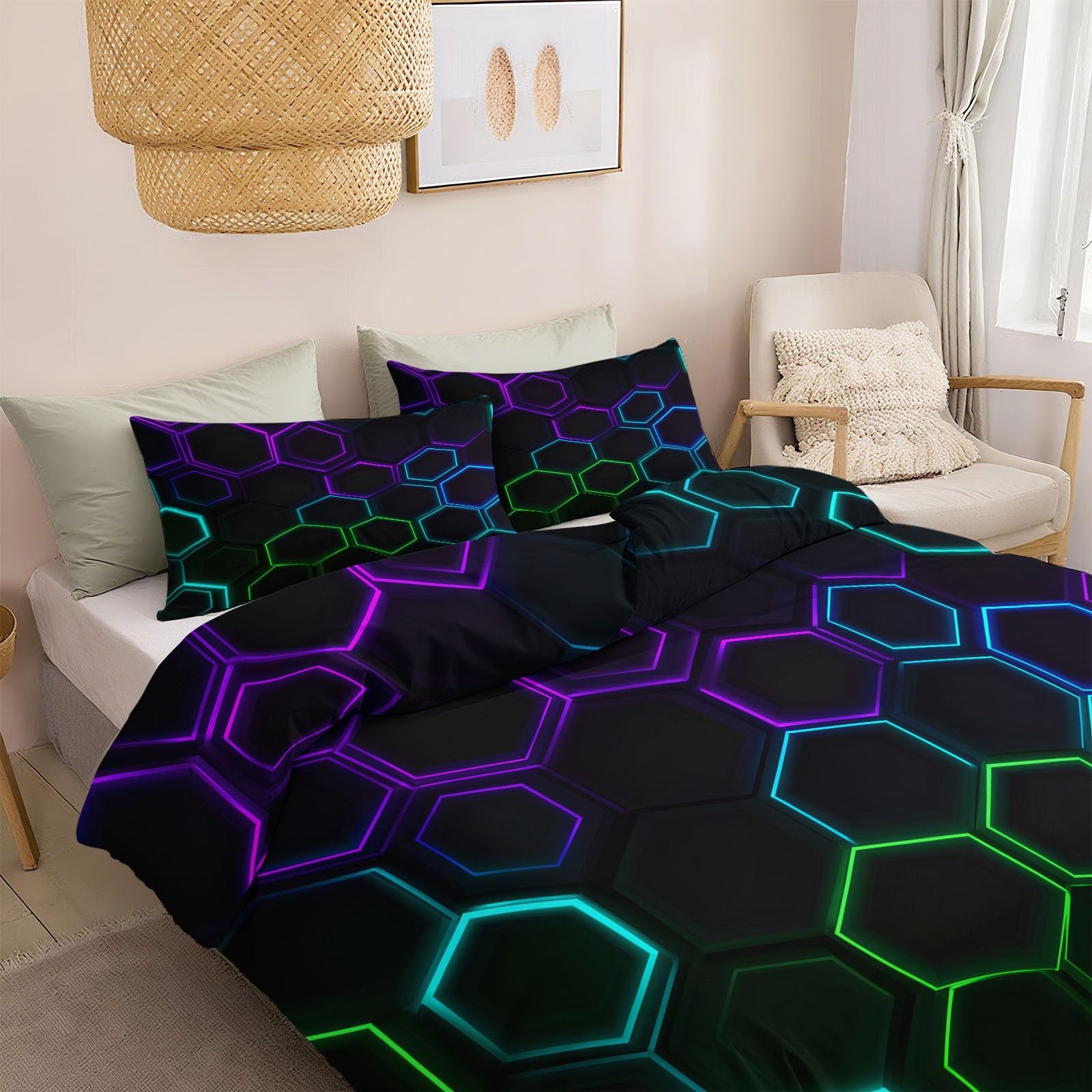 King zestaw pościeli, neonowa, sześciokątna, geometryczna, dwustronna poszewka na kołdrę 230 x 220 cm, ultrasoft, hipoalergiczna, nie wymaga prasowania, abstrakcyjny design, luksusowe zestawy pościeli