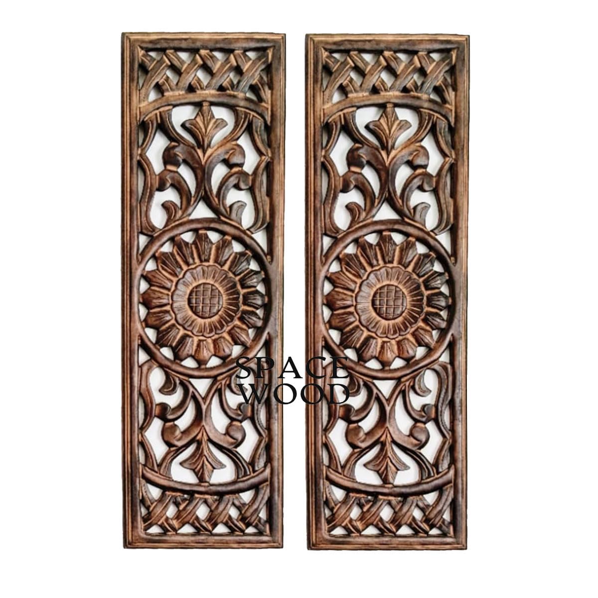 SPACE WOOD Wooden Wall Panel Hand Carved Wood Wall Art, Hanging Solid Teak Wooden Panel, Wall Sculpture Brown (24"x8" inches) (Pack of 2)