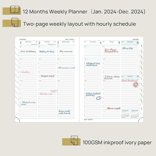 Miniatura 2 de POPRUN Agenda semanal 2024 (6.5 x 8.5 pulgadas), calendario vertical diario, semanal y mensual con pestañas mensuales y ranuras horarias, tapa dura