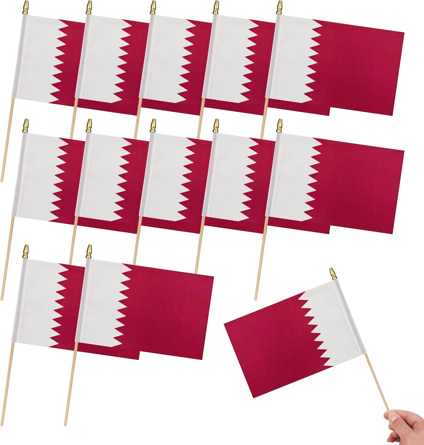 12Pcs Small Qatar Flags on Wooden Stick Mini Qatari Flag Hand Held Flag Decorations,5x8 Inch