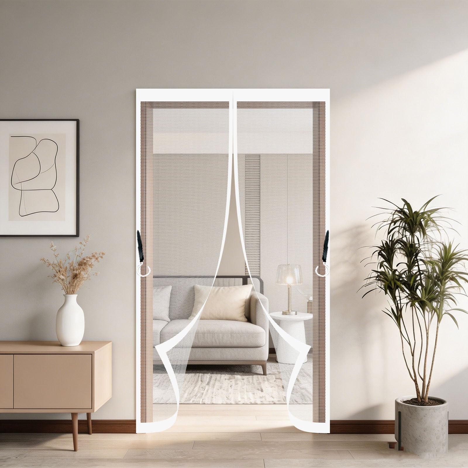 Magnetic Fly Screen Door 138 x 140 cm Frame Hook & Loop Keep Bugs Out Lets Fresh Air in No Gap Magnetic Door Curtains for Bedroom Pet Friendly Living Room, White