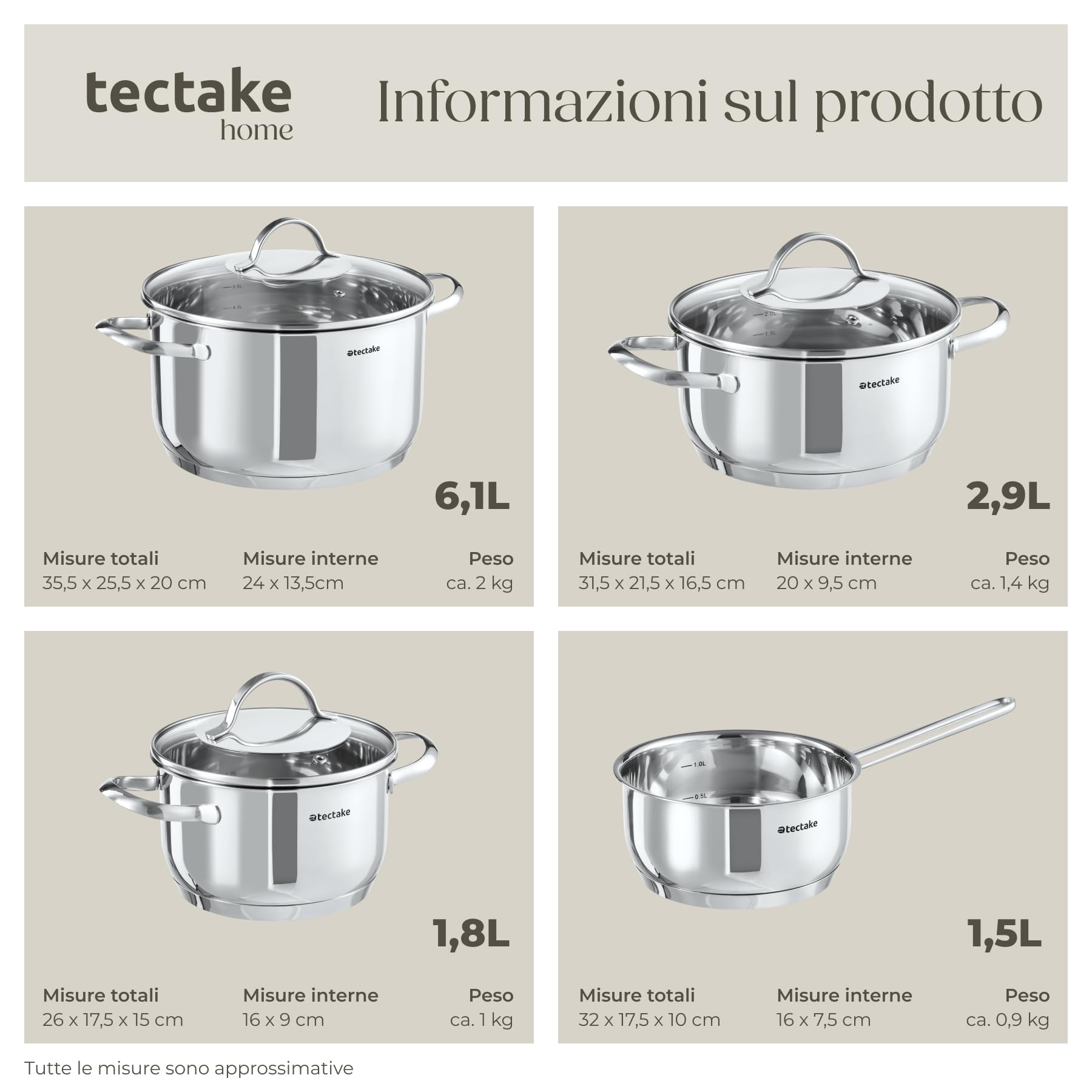 tectake® Set di Pentole, 7 Pezzi, Acciaio Inossidabile di Alta Qualità, Adatto a Induzione, Gas, Elettrico, 3 Pentole con Coperchio e Casseruola con Manico, Lavabili in Lavastoviglie