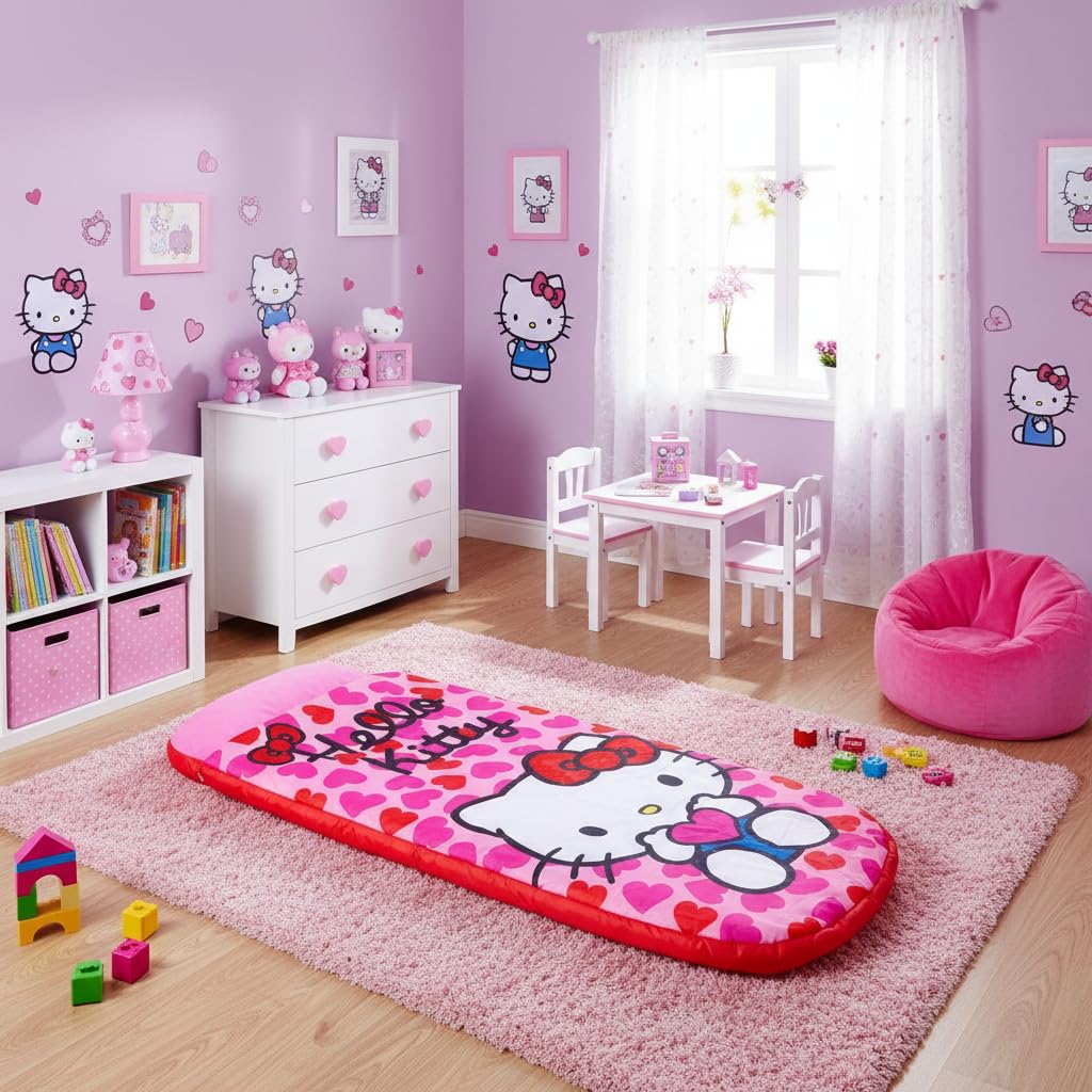 Character World Hello Kitty ReadyBed - Letto gonfiabile per bambini, sacco a pelo con pompa, materasso da viaggio per ragazze, per pigiama party, campeggio o uso domestico