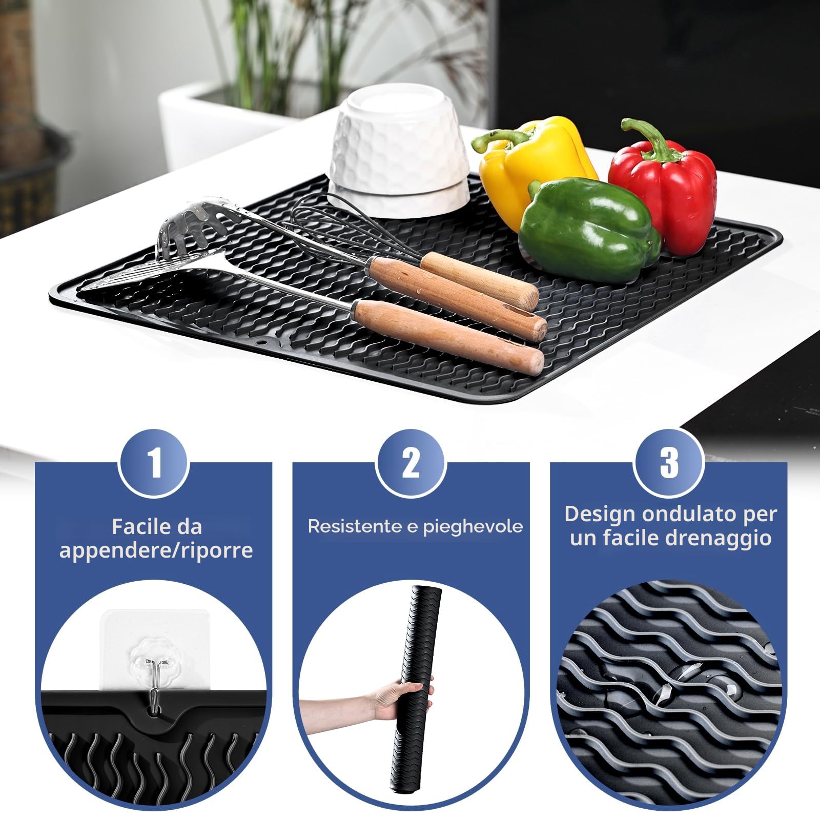 KitchenRaku Tappetino scolapiatti 30x40cm Resistente al calore Sottobicchieri silicone antiscivolo Nero