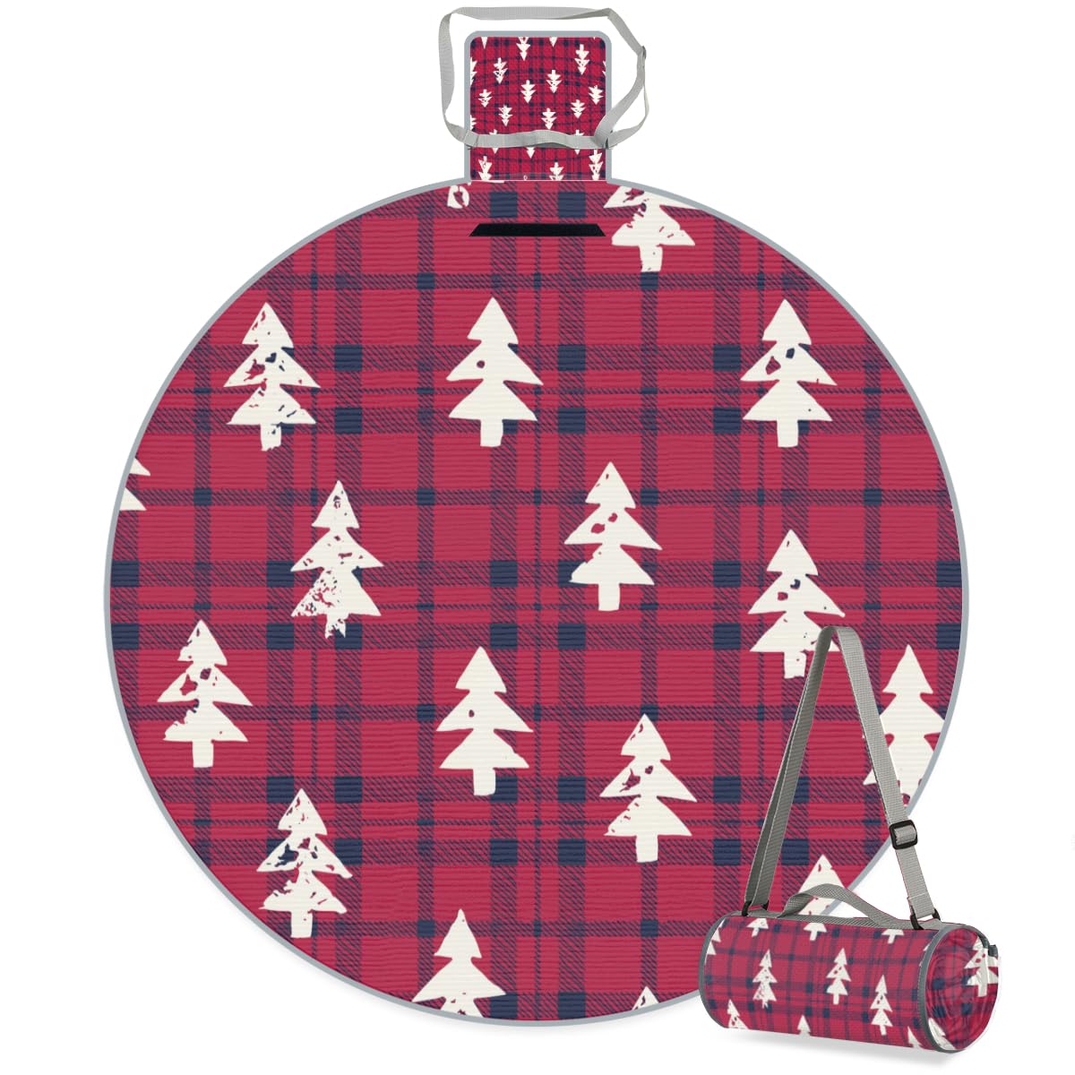 Shimoshe Red Buffalo Plaid Christmas Tree Picnic Outdoor Blanket Foldable Waterproof Sandproof Beach Blanket Portable Water-Resistant Round Picnic Mat for Travel Camping Park Lawn