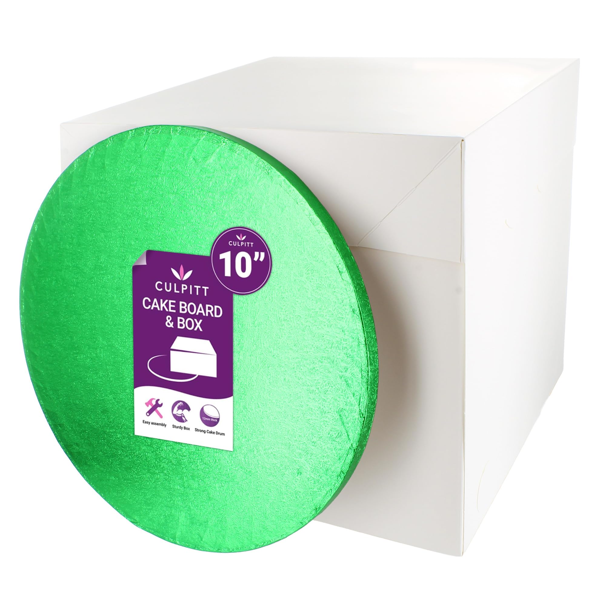 Culpitt Green Board & Tall Box Set | 10" | Tall White Cake Box & Coloured Drum, Box And Colourful Cake Board, Storage & Transport Combo For Decorated & Tiered Cakes
